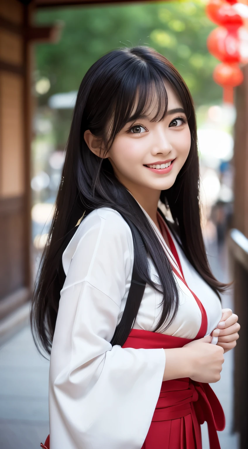 {{NSFW}},((top-quality、in 8K、masuter piece:1.1))、fish-eye lens 、1 female、Transparent white skin、Long black hair、Tie your hair low、hair length around butt、gloss々Hair、Beautiful straight hair、Looking at the camera、look at a camera、Big eyes、Fat Woman:1.1、:1.1,Big eyes,hyperdetailed face、keep your face firmly、High detailed lips、Erotic eyes,Slender body,drooping chest,meaty,covered erectnipple,Shiny skin,Plump style、Photograph the whole body、draw the whole landscape、Raking up your hair、Detailed design、The upper part of the body、Open lips、upper teeth、(smile eyes:0.6)、((Grinning:1.2))、Depth of the bounds written、blurry backround、eyes focus、bokeh dof、Young、85mmレンズ、f / 1.4、Professonal lighting、Young、portlate、photon mapping、radio city、physically-based renderingt、furisode、First visit、shrines、New Year in Japan、Miko costume、Miko-san、White and red kimono、torii gate、Temples、