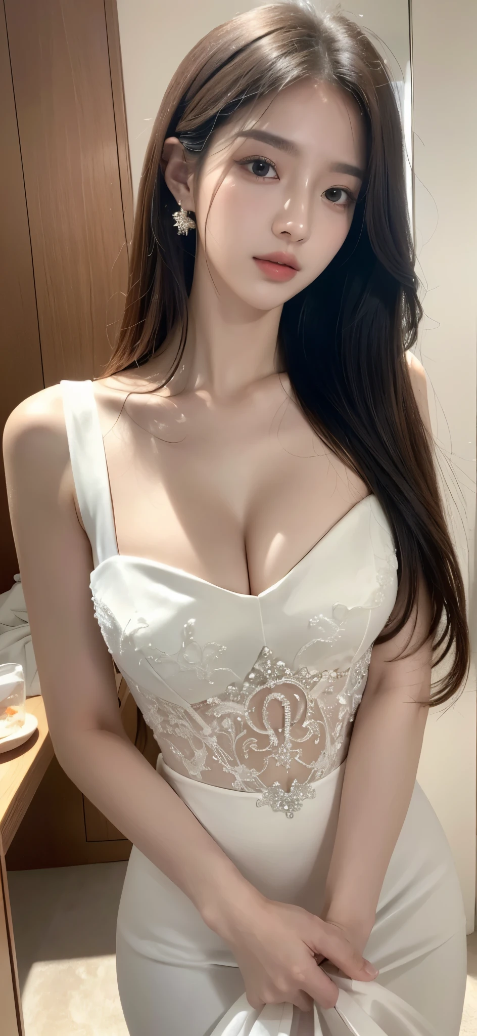 (best quality, 8K, tmasterpiece, ultra high definition: 1.3), (K-pop idol: 1.3), 1 , (: 1.2), (long whitr hair),  perfect body figure, Ultra-fine face, Exquisite, beautiful eyes, double eyelids, Hands are super thin, Ultra-thin fingers, ((Korean wedding dress))，开衫Elegant  , detailed  , Elegant  , Luxury hotel 5 star,，