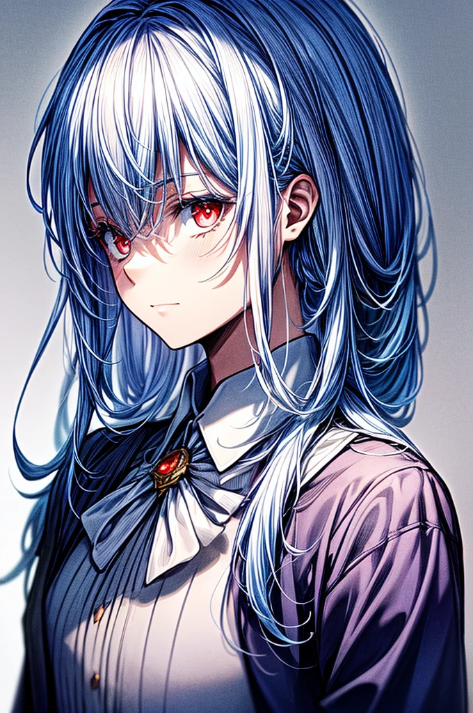 ((masterpiece)) best quality, 8k, high quality, high resolution, super detailed, ultra-detailed, photorealistic, beautiful and finely detailed face and eyes, ultra-detailed and detailed skin texture, masterpiece, best quality shadows, clean lines, realistic looks, best generation, smooth color transitions,life-like portrayal, young woman with Silver-white hair, red eyes, with a formal blouse or shirt, crafted in hues of blue and white, grey blazer, white and blue skirt, blood Red eyes, beautiful straight white hair, human, straight hair, not embarrassed, cold look, full body, female human, red eyes, white hair, straight hair, Academy uniform