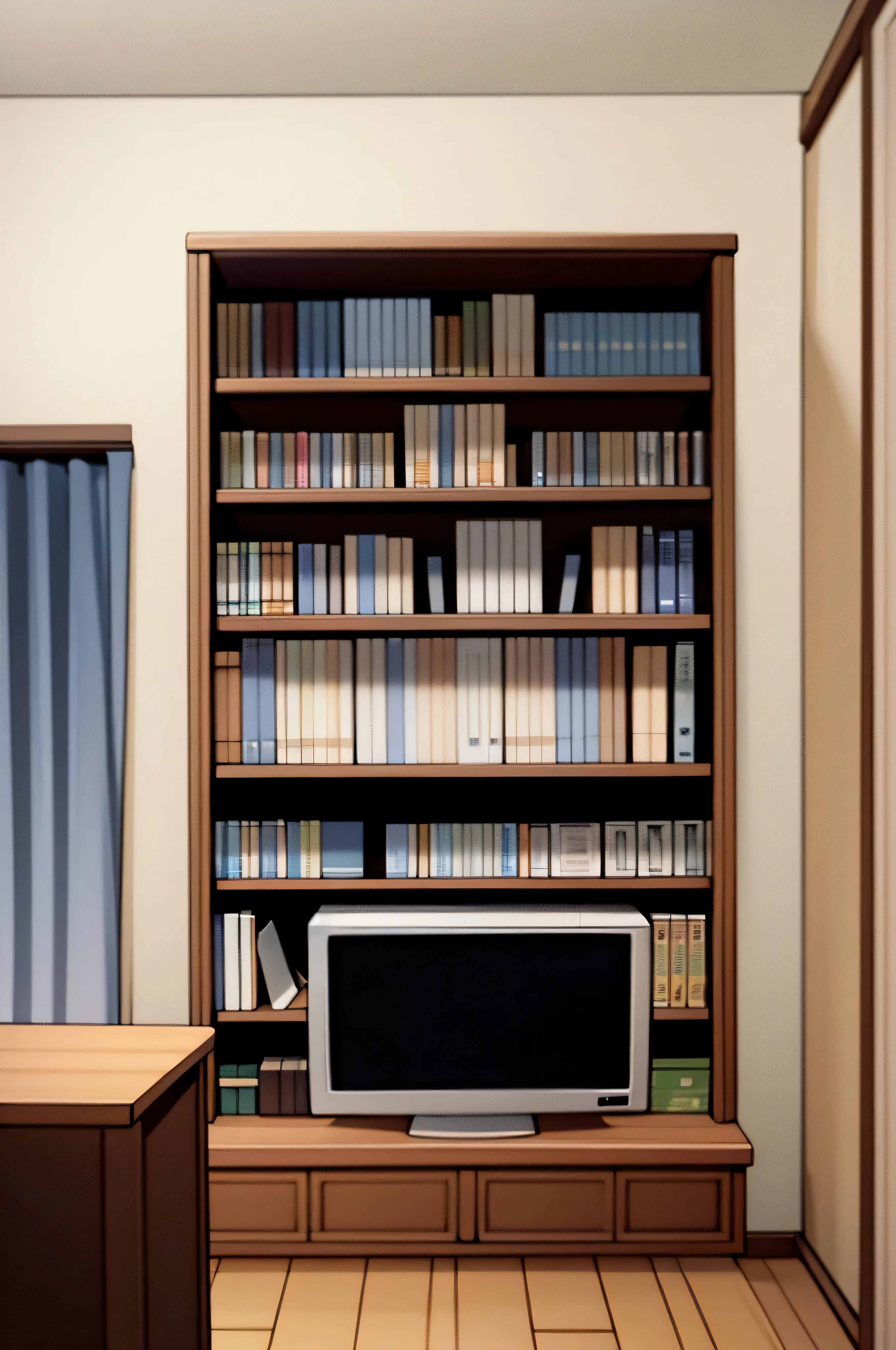 Background room with bookshelf, bed and TV