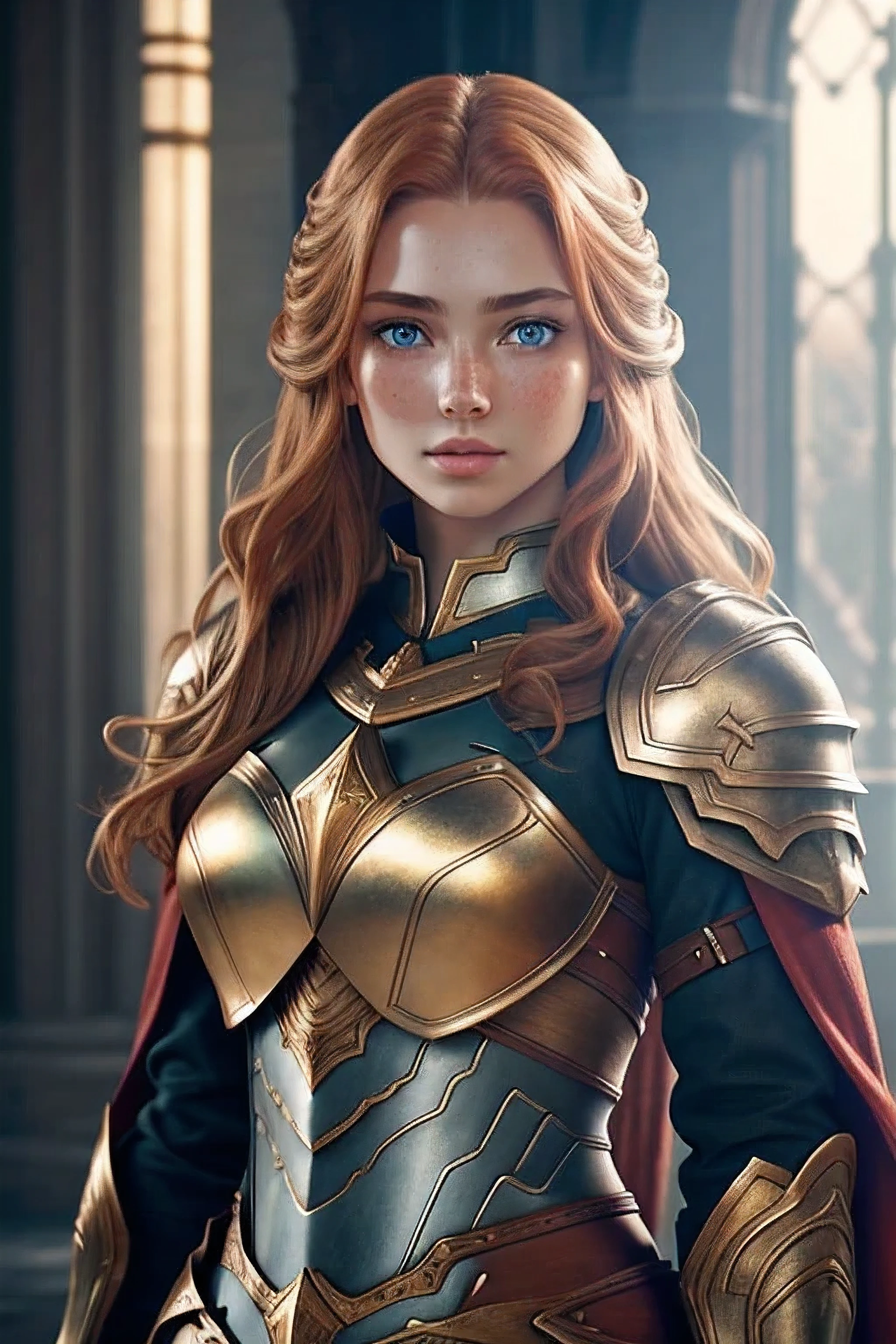 Beautiful female warrior, LONG GINGER hair, blue eyes and freckles, shimmering jewels armor, with emphasis on light play and the transparency of the glass, High and short depth of field, Ray tracing, FHD, hyper quality --ar 9:16 --s 1000 --v 6. 0, 135mm whimsical --aspect 3 :2 --s 750 --v 5.2. , 64k detailed digital art, hyper realistic textures, natural textures, elegant, super detailed, photo realistic, ultra realistic, intricate detail, cinematic, environment occlusion, lighting Volumetric, Shot on Sony A7S III, f/ 9.0, 1/500, Sharp Focus 64k Unsaturated, Masterpiece, Best Quality, Ultra Detailed., Dark Fantasy, Conceptual Art, Illustration, Cinema Sony A7S III, Depth of Field Shallow, 100mm f/2.4, natural light, cinematic, widescreen aspect ratio, cinematic dramatic, indoor epic space, sci-fi movie style, natural textures, hyper maximalist, sharp focus, dynamic pose. 64k is very detailed.