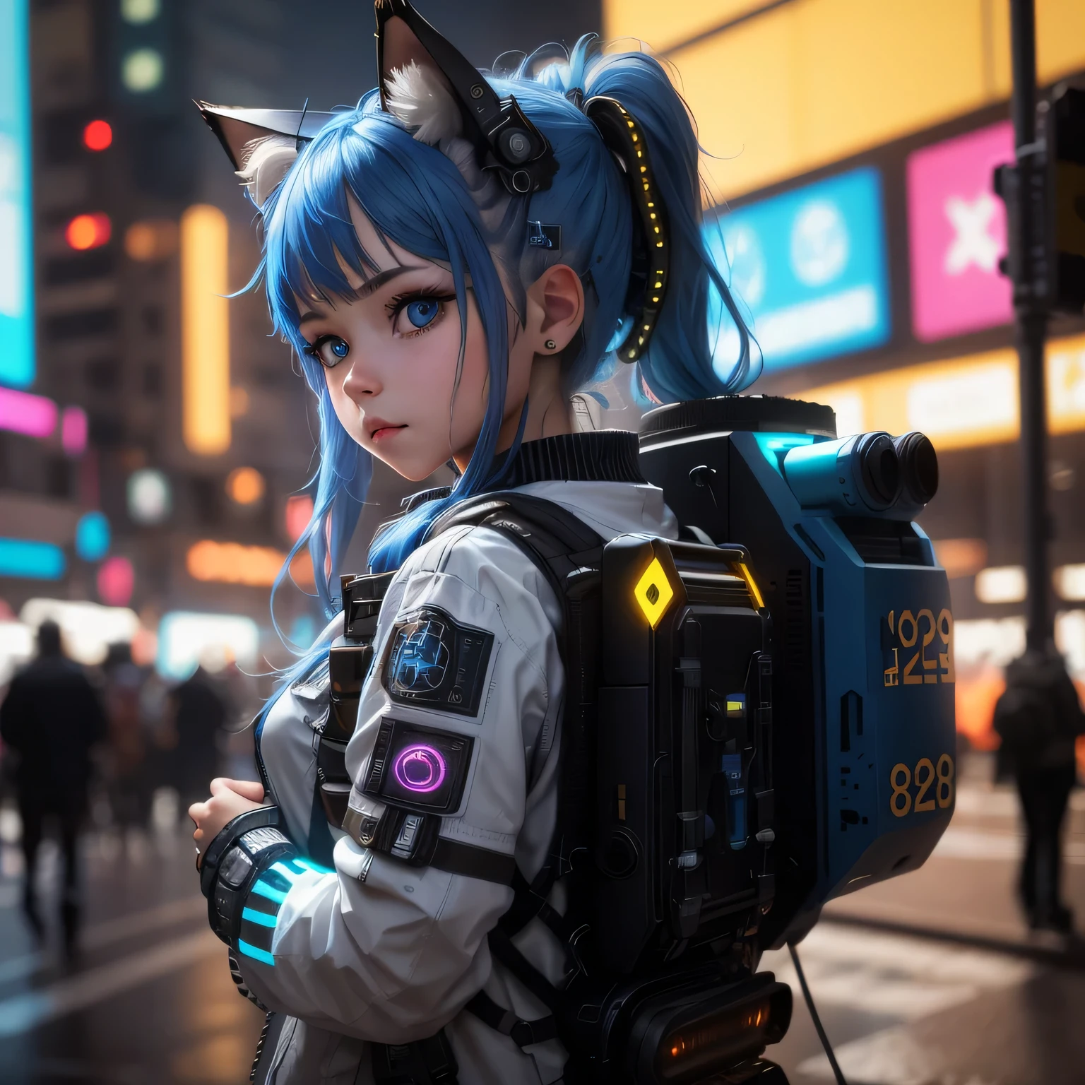 (8k, HDR, RAW photo, best quality, masterpiece:1.2, realistic lighting), a girl, child, solo, holding a gun, long hair, blue hair, blue cat ears, blue eyes, nice hands, babyface, beauty eyes, (cyberpunk:1.3), blue color mecha armor, mechanical shoulder, neon light
edge lights, look up, upper body.