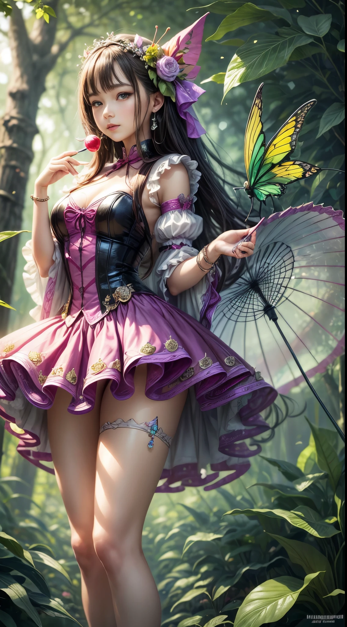 fairy that looks like a grasshopper holding a parasol green under clothes catching butterflies