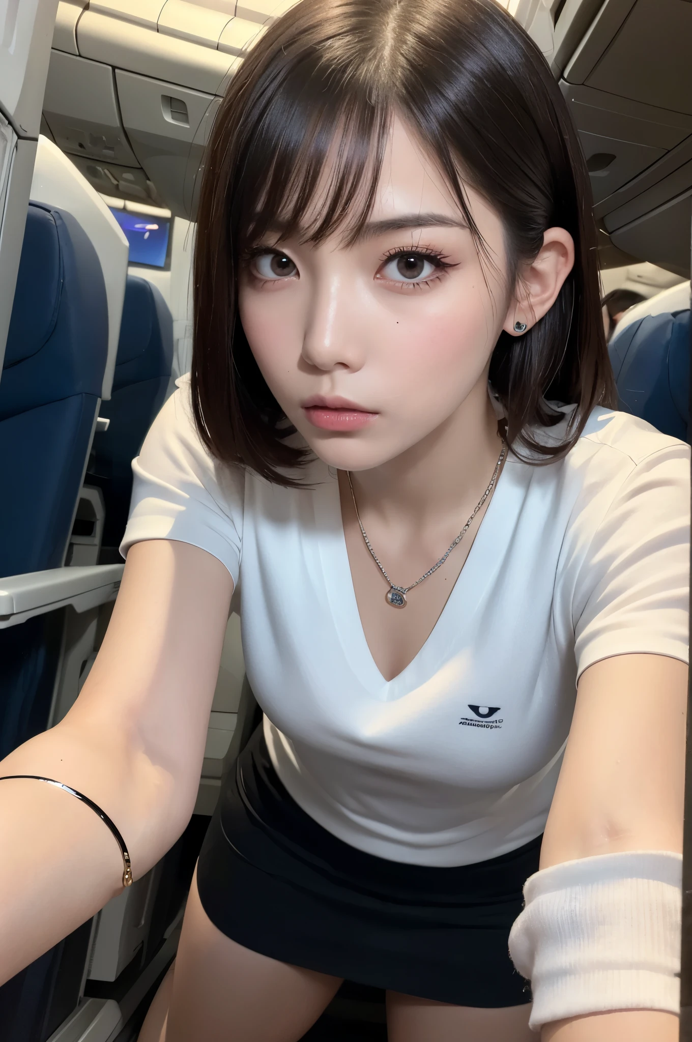 (masutepiece:1.3), high resolution, ultra-detailliert, the Extremely Detailed CG Unity 8K Wallpapers, Reality, photo-Reality, Raw photo, beautifull detailed face, pale skin, Reality skin, Detailed Cloth Texture, detailed hair texture, perfectly proportions, pretty face, 准确, anatomically correct, Highly detailed face and skin texture, Natural neck length, (shiny necklace, marriage ring), (beautiful hand air skin:1.2), slim legs, Thin feet, Sexy thighs, 
BREAK, 
Detailed eyes, Symmetrical eyes, Light brown eyes, double eyelids, Thin eyebrows, (Glossy lips:1.4), ((worried face:1.2)), (Drunk:1.2), 
BREAK, 
(Classy flight attendant girl), (In the case of a flight attendant uniform:1.2),  
(Medium to large chest of drawers:1.2, nice shaped breasts:1.2, Slender figure:1.1), 
(dark brown hair, wavy hair), ((Medium Hair, asymmetrical bangs:1.2)), (upperbody shot:1.2), ((From below:1.3)), ((Focus on the hands:1.2))
BREAK, 
((Wariza with her hands on the floor:1.3)), (Inside the aircraft:1.2),