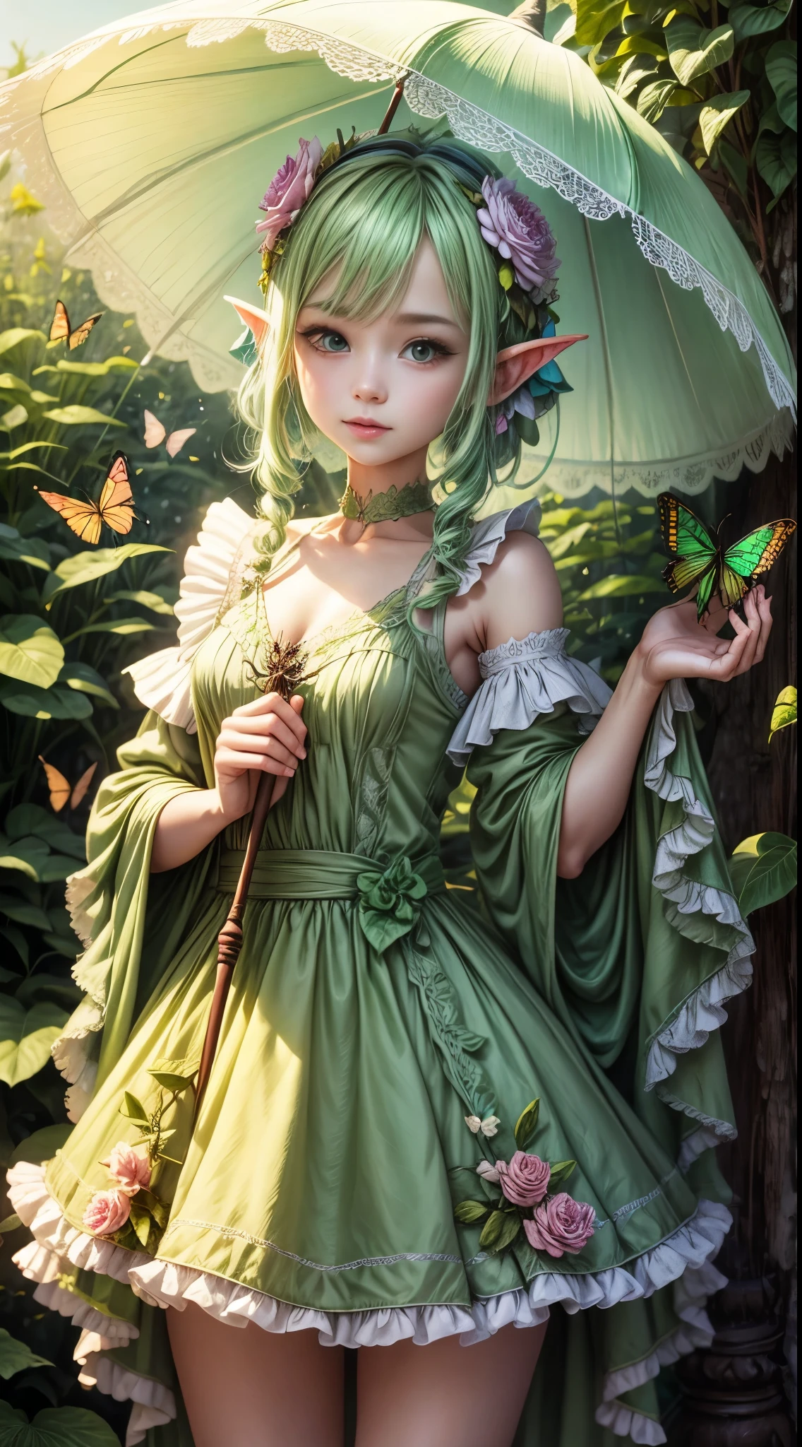 fairy that looks like a grasshopper holding a parasol green under clothes catching butterflies
