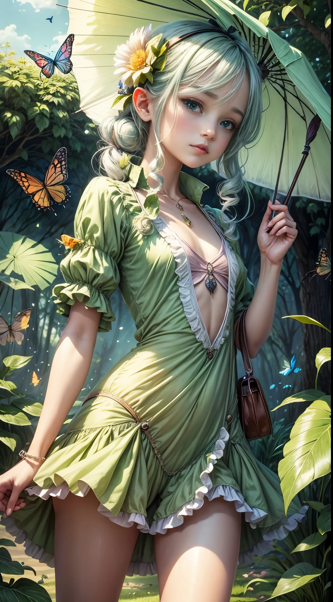 fairy that looks like a grasshopper holding a parasol green under clothes catching butterflies