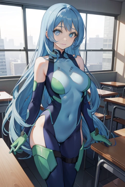 Nejirehadu, Nejire Wave, blue eyes, blue hair, long hair,
break blue body suit, body suit, drill hair, gloves, green body suit, multicolored body suit, colorful clothes, yellow gloves,
break looking at viewer, whole body,
break indoors, classroom,
break (table top:1.2), highest quality, High resolution, unity 8k wallpaper, (figure:0.8), (beautiful and fine eyes:1.6), highly detailed face, perfect sentence, Highly detailed CG, (perfect hands, perfect anatomy),