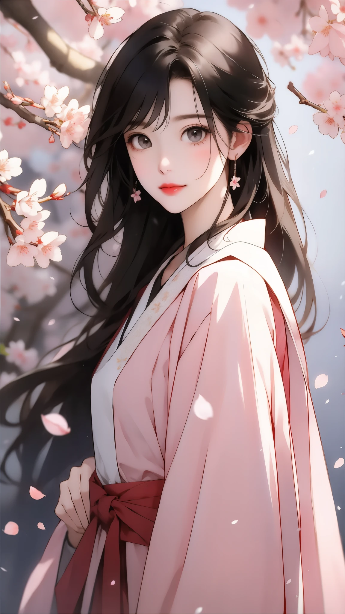 cherry_blossoms, falling_petals, solo,1girl,upper body, looking at viewer,