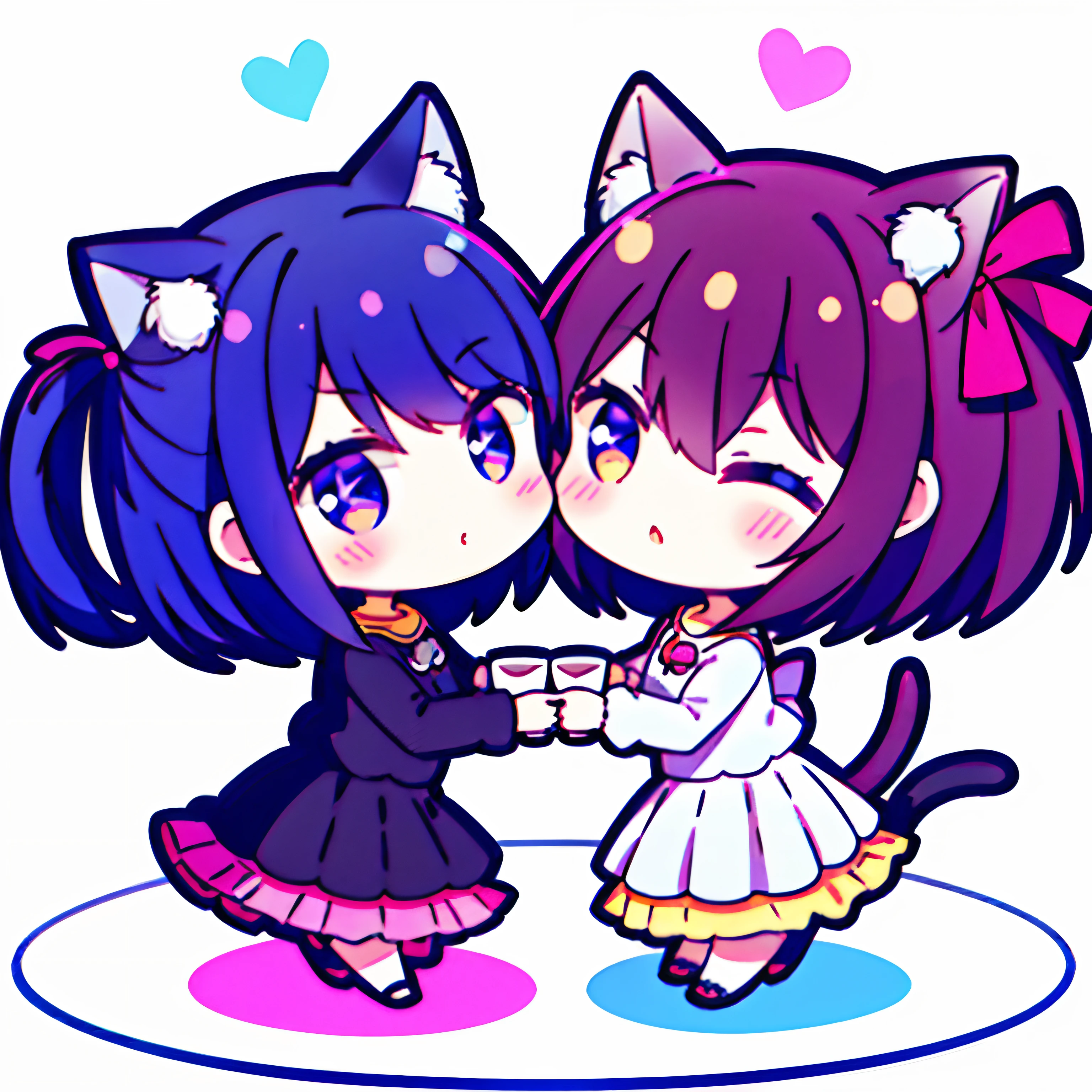 2girls,chibi,cat ears, kiss,yuri, coffee cup,symmetrical pose, tail, head rub, in cup,speak heart,