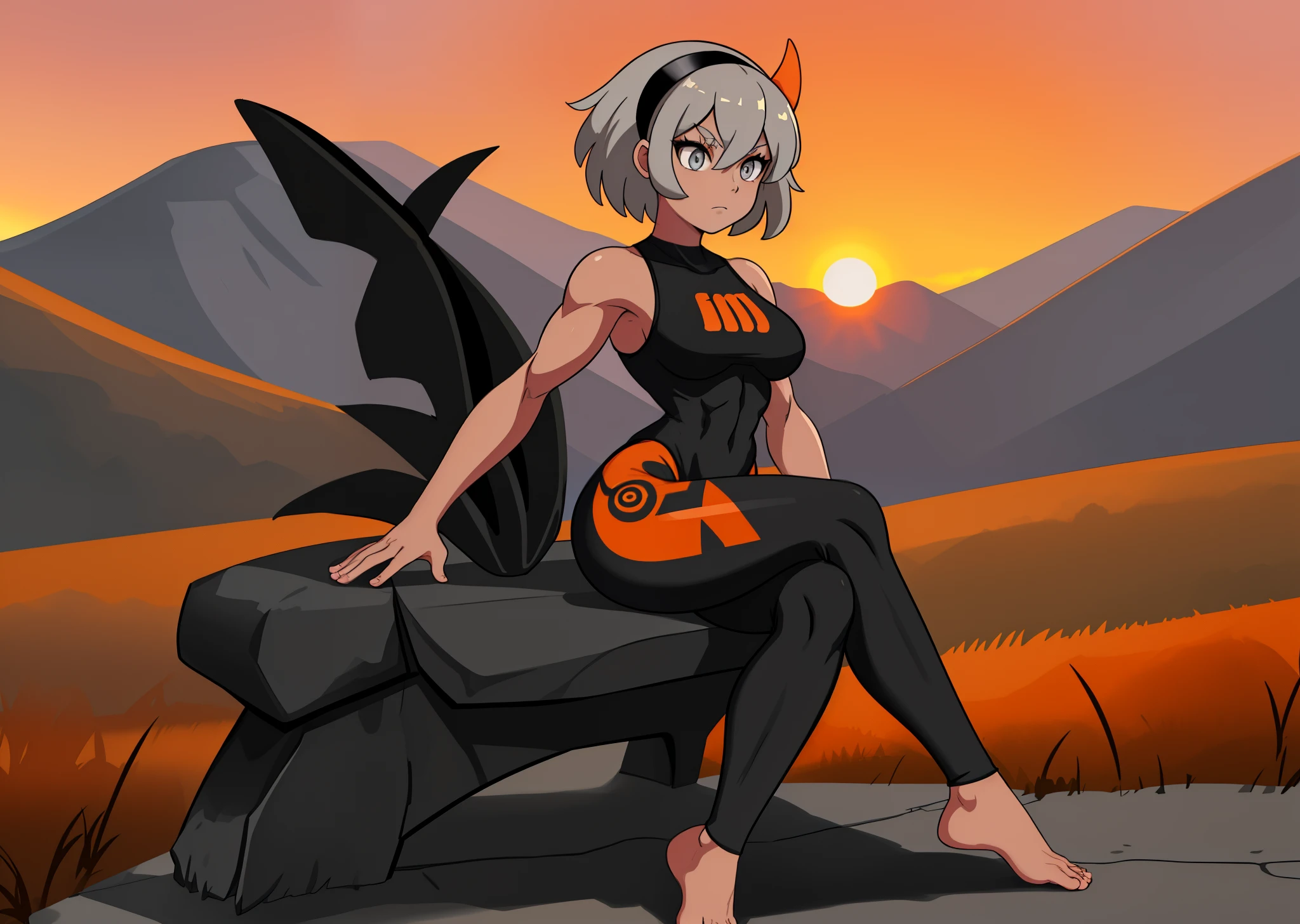 [bea], [pokemon], [uploaded to e621.net; (napalm_express)], ((masterpiece)), ((HD)), ((high res)), ((solo portrait)), ((full body)), ((front view)), ((feet visible)), ((detailed shading)), ((beautiful render art)), ((intricate details)), {anime girl; (dark-toned skin), (cute grey eyes), (short eyelashes), short white hair, (curvy hips), (defined muscles), (beautiful muscular legs), (beautiful feet), (expressionless)}, (black yoga bodysuit with orange stripes), (yoga pants), (black hairband)}, {(sitting on bench), (crossed legs), (looking in the distance)}, [background; (grass plains), (mountains), (fog), (blue sky), (sunset), (sun rays), (pink and orange sky)]