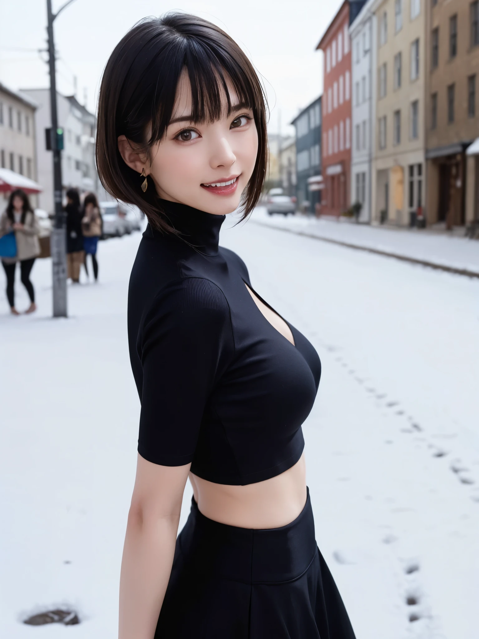 (​masterpiece, top-quality),1girl in, 独奏, hyper Reality, Photorealistic,Reality, look at the audience, brown eyes of light color:1.4,Brunette short bob hair with highly detailed shiny hair, Winter clothes in bright colors, lepangas:1.4), plein air, closed mouth, The upper part of the body、big breasts same eye、eyelash、{Gigantic|big breasts same|Huge|mega} overall small breasts:2, cleavage:2、(((big breasts same eye、short bob hair、Highlights from students、gazing at viewer、she is very beautiful and cute、please show me your ears、long neck、smile、Close your mouth and smile、bangs beautiful teeth)))、Ideal ratio body proportions、（Snow-covered tree-lined streets in Norway in winter）、美しいlong neck:1.4、