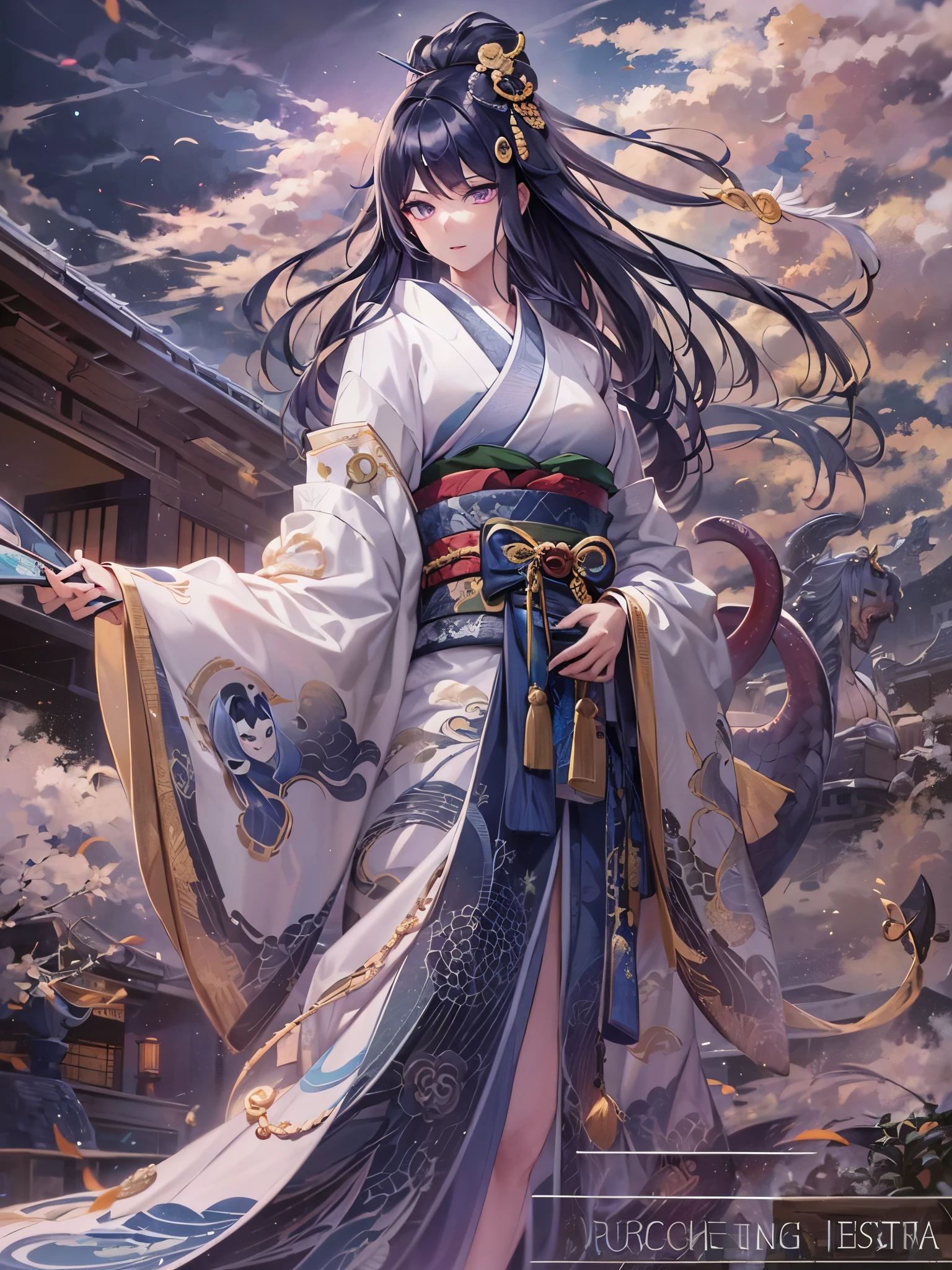 ((Finest quality)),(超A high resolution),(ultra-detailliert),(Meticulous portrayal),((Best CG)),(Finest works of art),Ultra-Precision Art,The art of astounding depiction,(Art with precise depiction in every detail:1.5), (1人の女性:1.8),A dark-haired, (Yamata no Orochi:1.8)