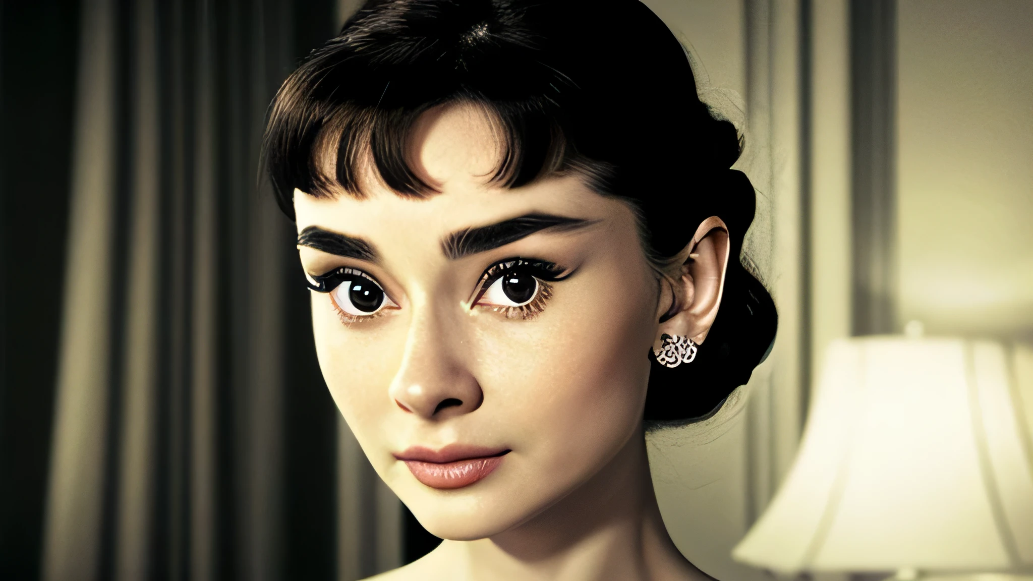 ((black and white filter)), AudreyHepburn, focus on eyes, close up on face,  short black hair styled cascading curls bun, portrait photo of a beautiful young actress: (AudreyHepburn is in the black and white Roman Holiday movie film (1953)), hotel room, Award - winning photograph, Masterpiece, 8k, ultra high res, hyper detailed, perfect flawless face, rule of thirds, Realistic Perfect eyes and pupils, Perfect full lips, upturned nose, highly detailed shining hair, ((detailed facial featureinely detailed skin), tanned skin, skin pores, skin blemishes, realistic skin texture, intricate details, photorealism, hyperrealism, ultra realistic, lifelike textures, neutral colors, cinematic lighting, dramatic lighting, backlight on hair, sharp focus, wide angle, film grain, dslr, raw photo,