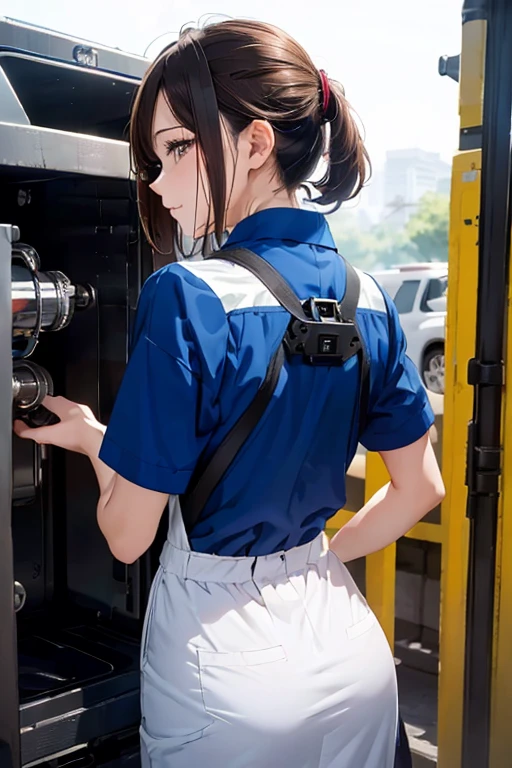 (8K), (best quality), (masutepiece: 1.2) ((under the machine)) woman repairing (((shot from behind))) Work clothes