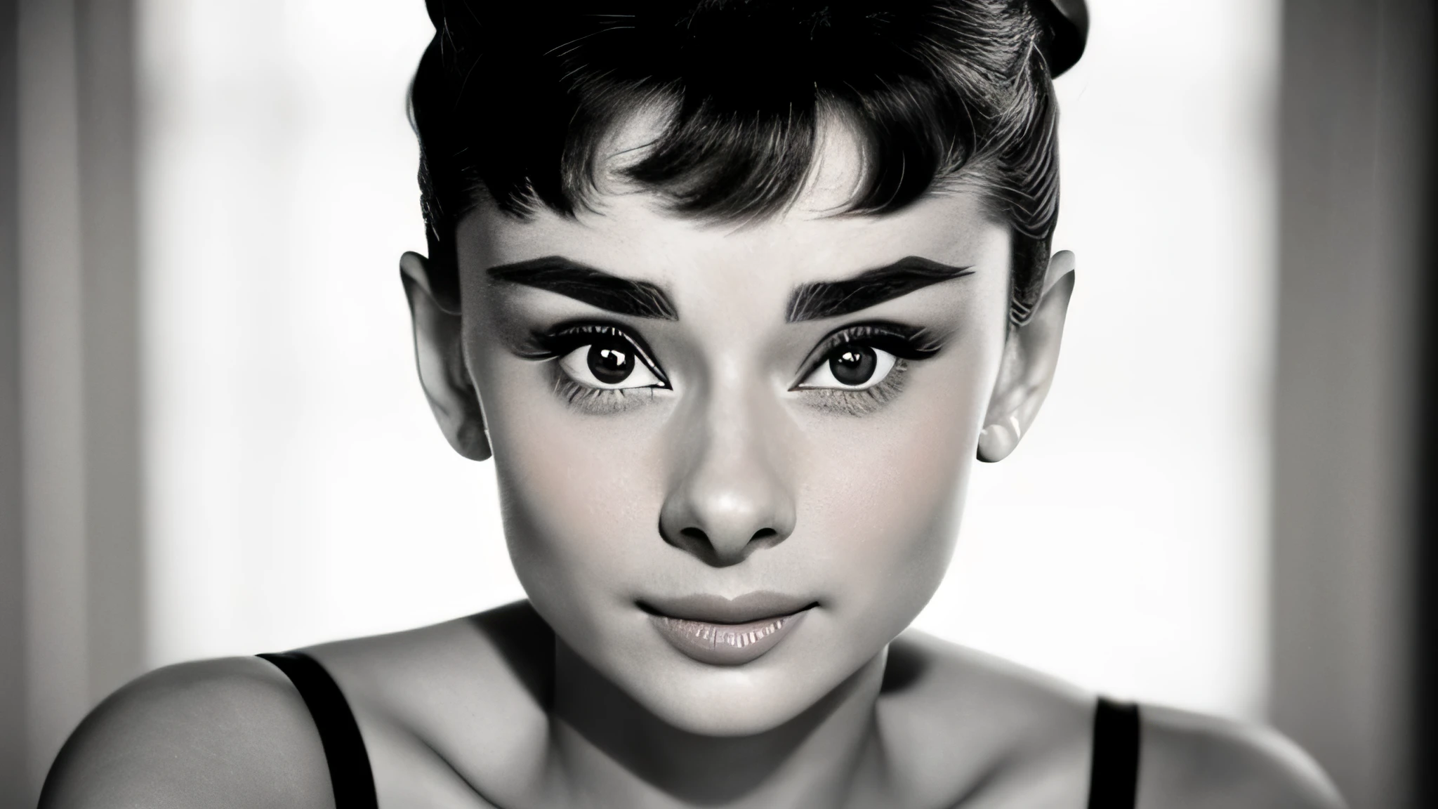 ((black and white filter)), AudreyHepburn, focus on eyes, close up on face, short black hair styled cascading curls bun, portrait photo of a beautiful young actress: (AudreyHepburn is in the black and white Roman Holiday movie film (1953)), hotel room, Award - winning photograph, Masterpiece, 8k, ultra high res, hyper detailed, perfect flawless face, rule of thirds, Realistic Perfect eyes and pupils, Perfect full lips, upturned nose, highly detailed shining hair, ((detailed facial featureinely detailed skin), tanned skin, skin pores, skin blemishes, realistic skin texture, intricate details, photorealism, hyperrealism, ultra realistic, lifelike textures, neutral colors, cinematic lighting, dramatic lighting, backlight on hair, sharp focus, wide angle, film grain, dslr, raw photo,