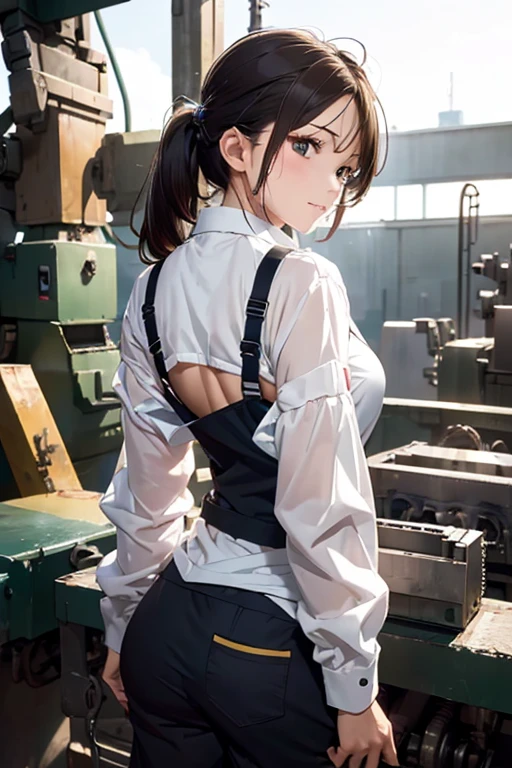 (8K), (best quality), (masutepiece: 1.2)　　((under complex machinery))　woman repairing　(((shot from behind)))　Work clothes