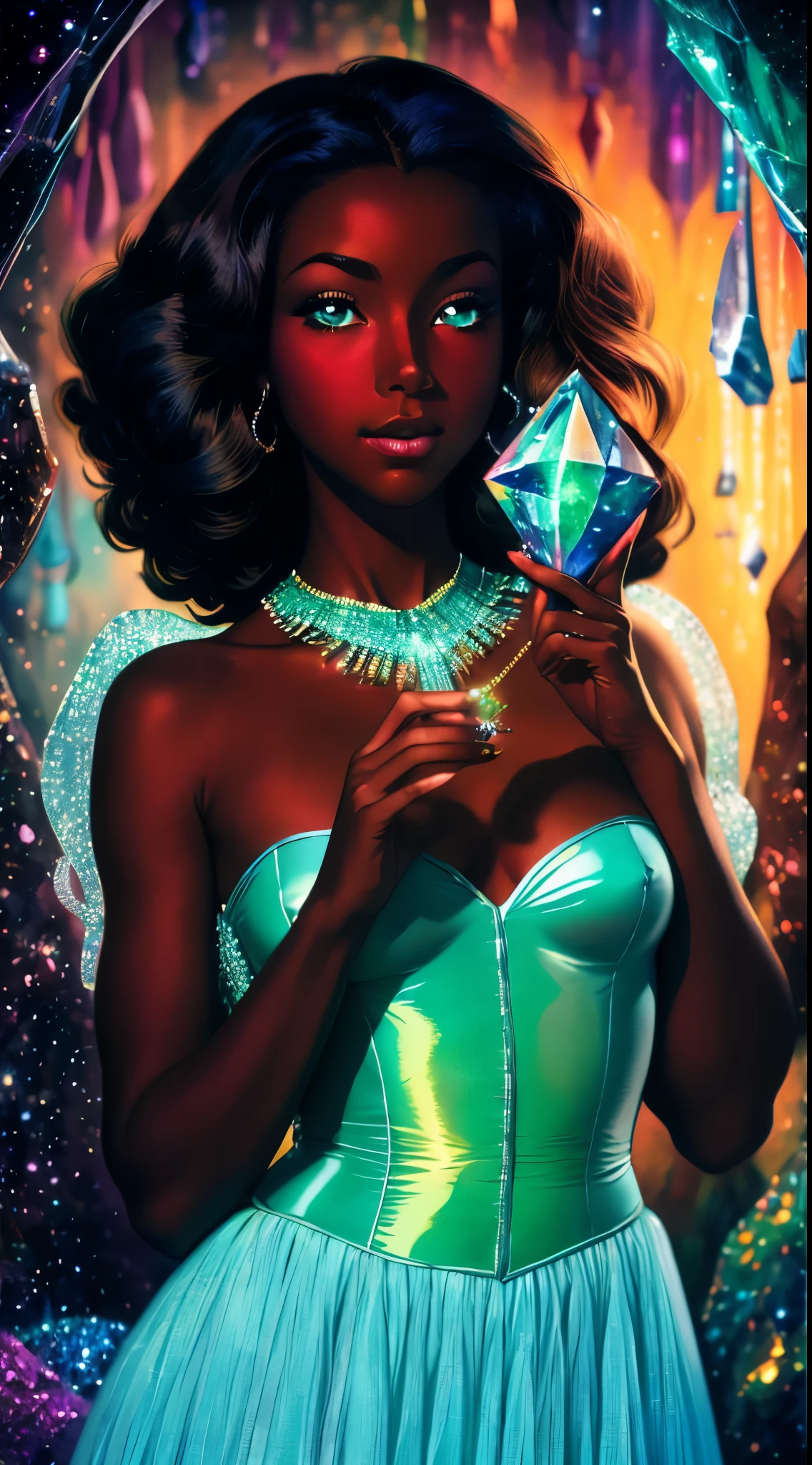 Impressionism drawing of a glamorous black Sudanese queen with dark skin, soft hair, wearing a modern gossamer couture crystal colored dress with a jeweled corset, sparkling eyes, she’s holding a colorful crystal that is prismatic, she is surrounded by small crystals in a cavern blurred in the background, depth of field, shimmering, cinematic, photorealistic facial features, dark pastel iridescent colors, mystical surrealism, crystalcore, fujifilm superia --ar 2:3 --v 6.0, manga art style, bokeh, by norman rockwell and stanley artgerm