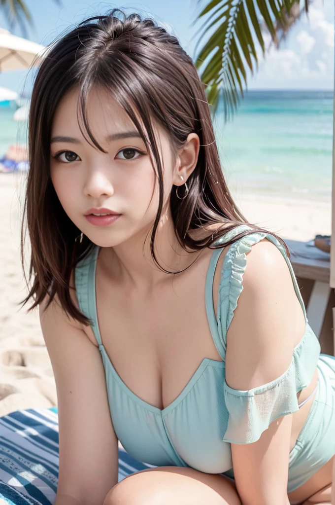 (bestquality,10,10,highres,masterpiece:1.2),ultra-detail,(Realistic,photoRealistic,photo-Realistic:1.37),Thai Women,Girl in the garden,Full body , Pose from different angles,Wear swimsuits with beautiful details...,Posing for close-up photos at the beach,Wet hair and swimsuit from the sea,The background is bright with a clear sky and soft light...,ISO 100,Shutter speed 1000,F-stop 2.0,Capture the beauty of the moment,beach feel,vibrant colours,The light is soft and natural..,Express happiness and confidence,sparkling water drops, sandy beach,clear blue ocean,relaxing atmosphere,Silent and silent,Green palm trees line the beach...,Graceful waves crash gently...,Magical golden light,Beautifully defined facial features,Long and flowing hair,The skin is glowing and sun-kissed...,Delicate texture on the skin,Tropical Paradise,summer vacation feeling