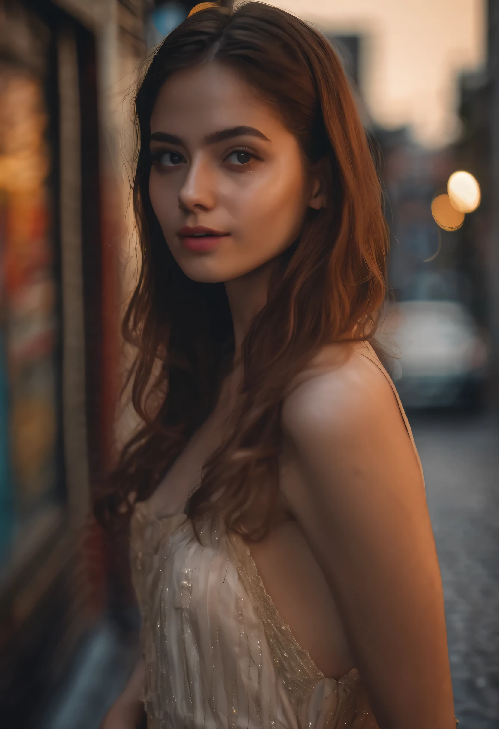 Cute eighteen year old, brunette, young, eye contact, nighttime, street lights, smiling, smile, young girl, thin legs, skinny, eighteen, sweet, closed mouth, mouth closed, slim, tiny body, 18, blonde, bright blue eyes, photo real, photorealistic, naked, nude, topless, haunted house, old house, Victorian house, spooky house