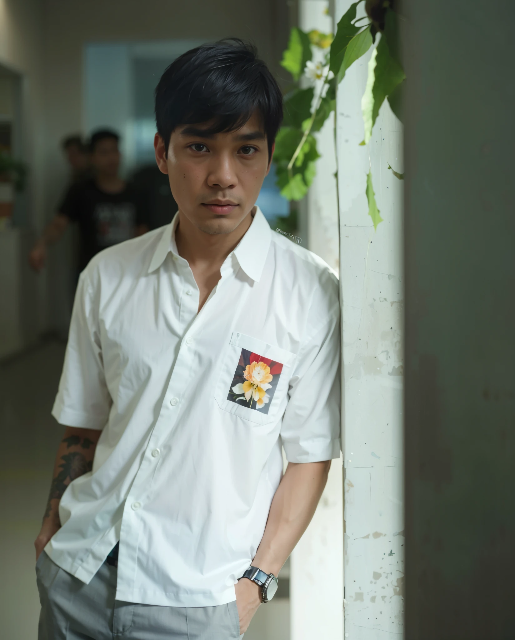 there is a man standing next to a wall with a flower in his hand, inspired by David Diao, potrait, in style of davey adesida, inspired by Adam Dario Keel, inspired by Gang Hui-an, bao pham, damien tran, inspired by Ryan Yee, in style of lam manh, ramil sunga, Indonesian 