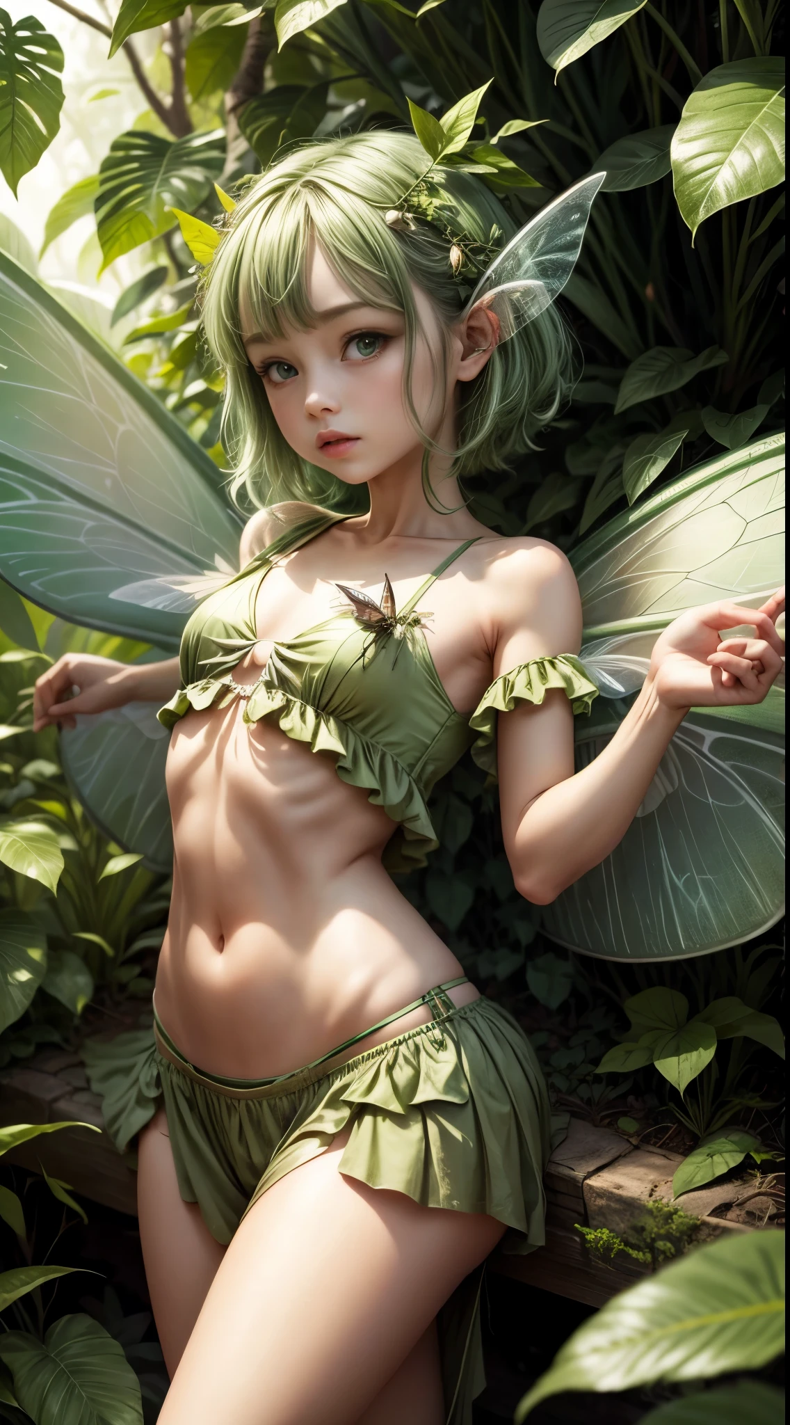 fairy with ((Insect wings)) that looks Verry Cute, green under clothes, bare midriff, under Big plant Leaves