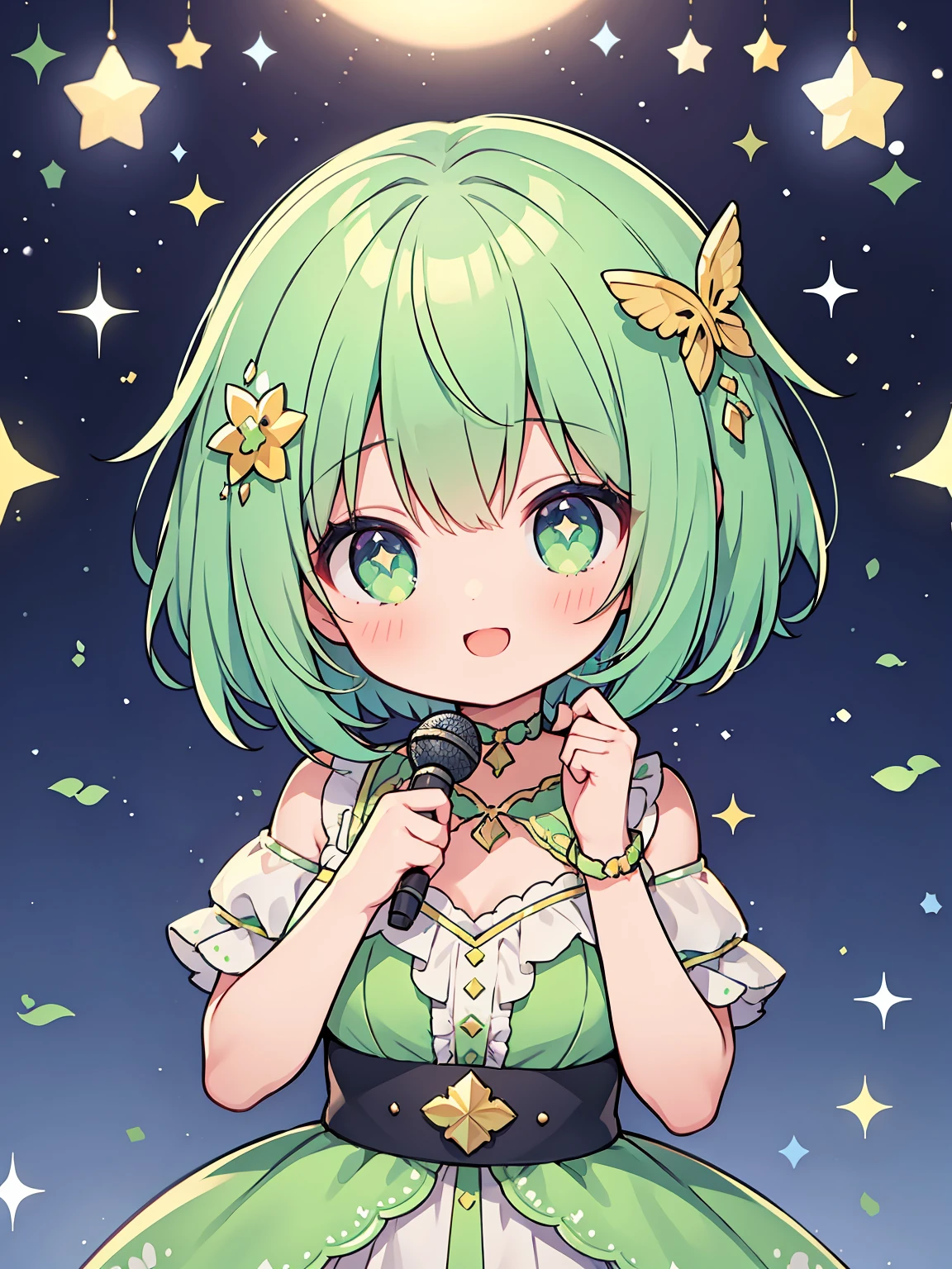 masterpiece, top-quality, 1girl in, short hair, , light green hair、eyes are emerald green、idol type、cute lime green dress、ハート型のSparklingした目、a smile that charms you、hold the microphone with both hands、Sparkling.