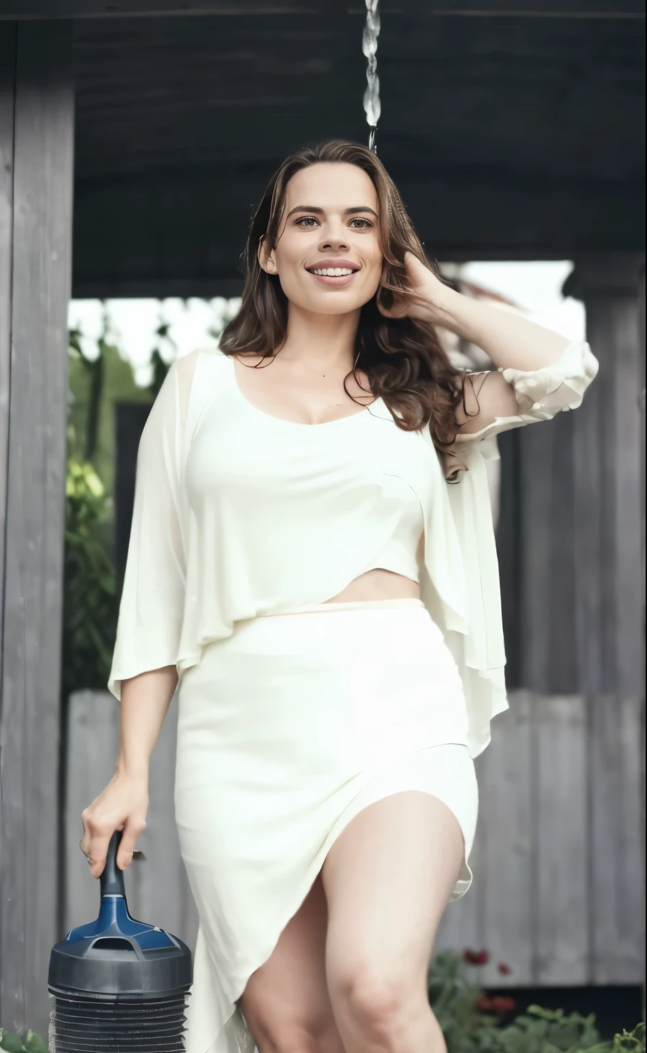 [( photograph of  hottest celebrity Hayley Atwell )] ( full body shot,random shot, smiling, dimple on cheek, (no makeup ) ,busty woman, big chest, extremely hot woman  gorgeous face, hot lady, tattooed woman,  tank top, sweaty, random  color long skirt,delicate hair ,  Tall woman, (she is cleaning the home garden, light rain background) ) (insanely realistic detailed skin texture, detailed face) [depth of fields] ((perfect body parts, (hyper photorealistic  ), 85mm, 100mm lens ))