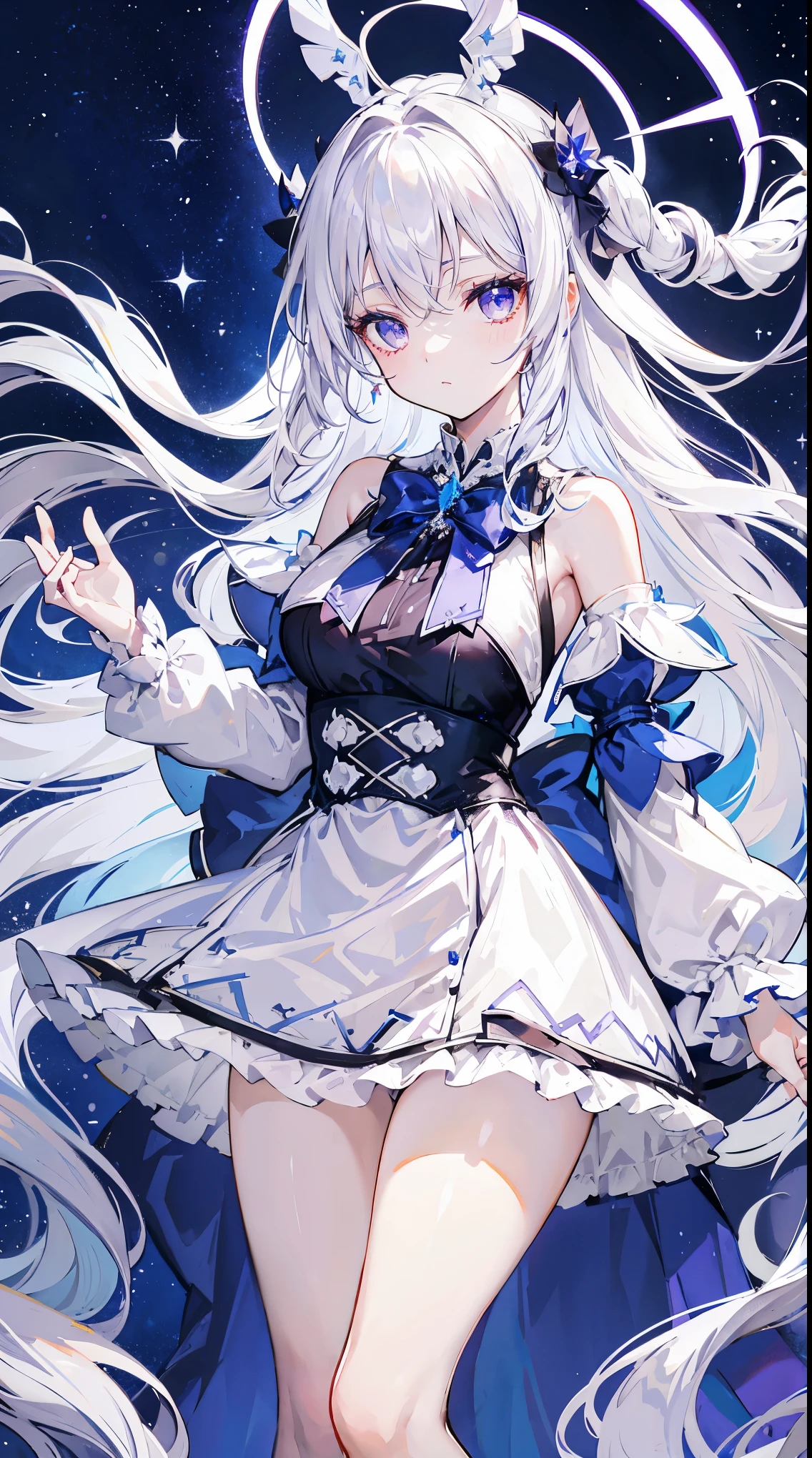 Long silvery-white hair and waist,Scattered hair curtains,2 hair curtains,dark purple eyes,highlight,Loving pupils,Gorgeous turns,Like dancing,Dark Blue Sailor Dress Off Shoulder Dress,Her skirt fluttered as she turned,White bloomers show some,light blue bow tie,Crystal Hairpin,under the starry sky,Perfect Anatomy、