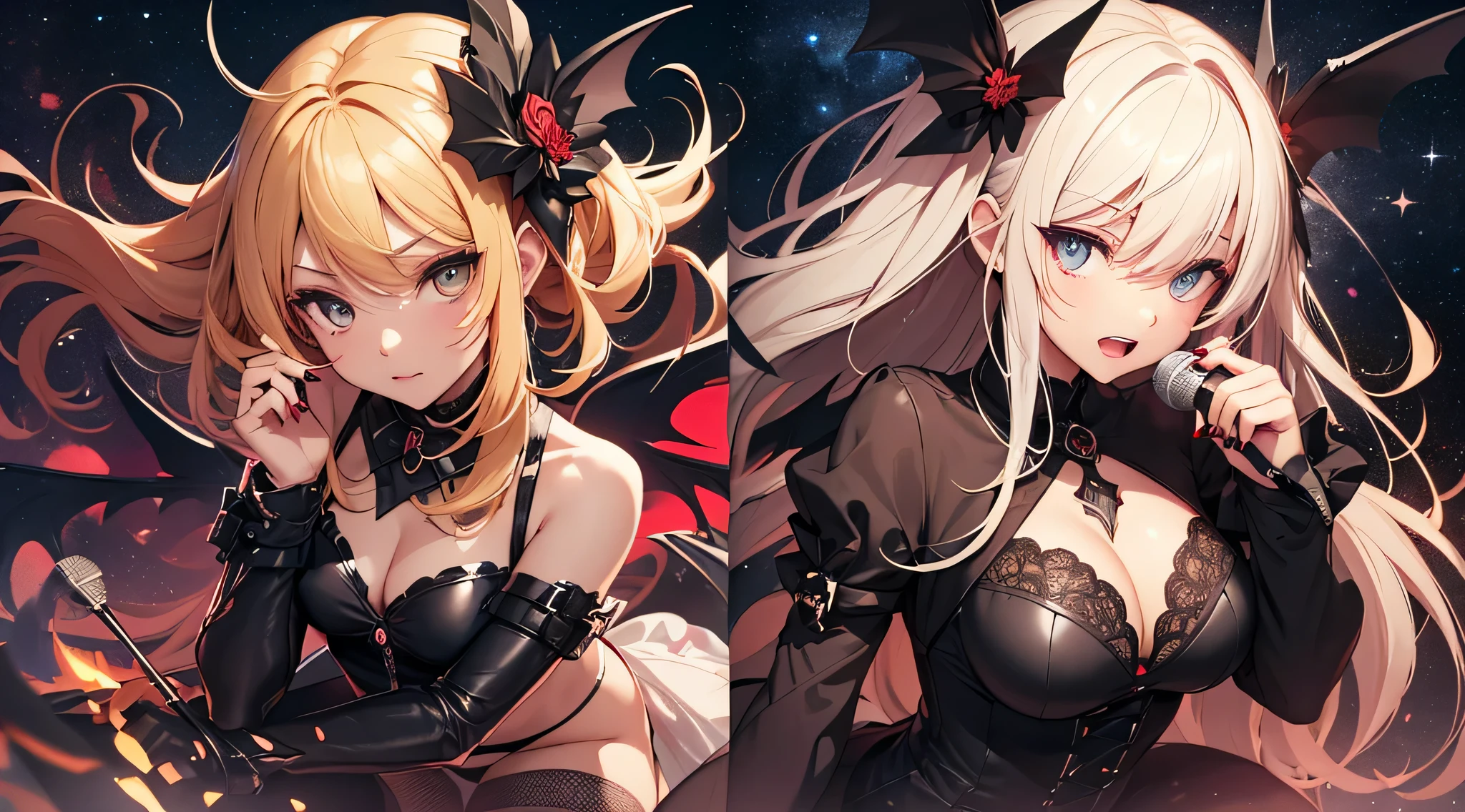 top-quality、Top image quality、masterpiece、age girl((18year old、 Ager、vest bust、Medium bust,wide open breast tea、Golden Eyes, a blond、poneyTail、A slender,Highest valley、black vampire skirt、vampire makeup、Black wings、White powder makeup、red nail polish、Goth Lolihion、vampire teeth、Black underwear、claw pose、Open your mouth wide to the maximum、Spinning Pose、Have a microphone、Leaning forward、Bat hair ornament)),high quality、beautiful art、Background with((Night Live House、red laser light、Blue laser light、random laser points、Virtual space、golden laser beam、purple laser light)),masutepiece、Depth of written boundary、movie、visual art、Perfect Art、