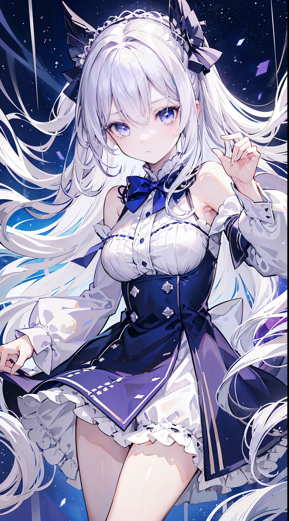 Long silvery-white hair and waist，Scattered hair curtains，2 hair curtains，dark purple eyes，highlight，Loving pupils，Gorgeous turns，Like dancing，Dark Blue Sailor Dress Off Shoulder Dress，Her skirt fluttered as she turned，White bloomers show some，light blue bow tie，Crystal Hairpin，under the starry sky，Perfect Anatomy、