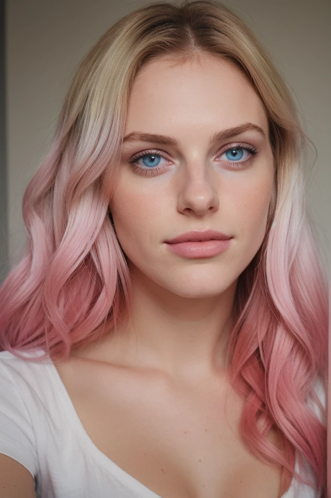 taken with iphone camera BREAK medium shot selfie of a pretty young woman BREAK (ombre:1.3) blonde pink BREAK film grain, medium quality