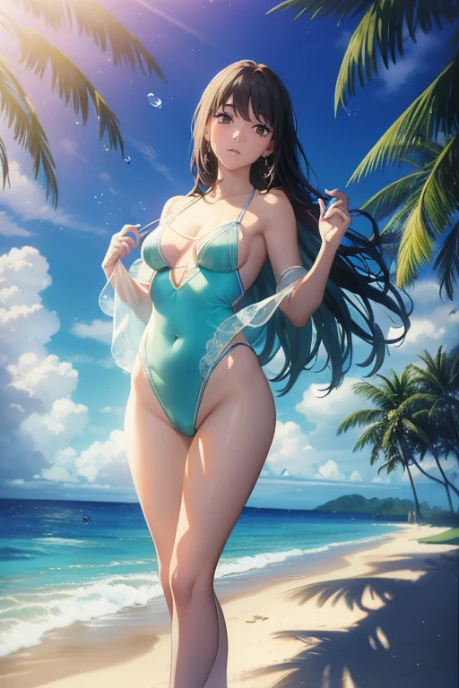 (bestquality,10,10,highres,masterpiece:1.2),ultra-detail,(Realistic,photoRealistic,photo-Realistic:1.37),Thai Women,Girl in the garden,Full body , Pose from different angles,Wear swimsuits with beautiful details...,Posing for close-up photos at the beach,Wet hair and swimsuit from the sea,The background is bright with a clear sky and soft light...,ISO 100,Shutter speed 1000,F-stop 2.0,Capture the beauty of the moment,beach feel,vibrant colours,The light is soft and natural..,Express happiness and confidence,sparkling water drops, sandy beach,clear blue ocean,relaxing atmosphere,Silent and silent,Green palm trees line the beach...,Graceful waves crash gently...,Magical golden light,Beautifully defined facial features,Long and flowing hair,The skin is glowing and sun-kissed...,Delicate texture on the skin,Tropical Paradise,summer vacation feeling
