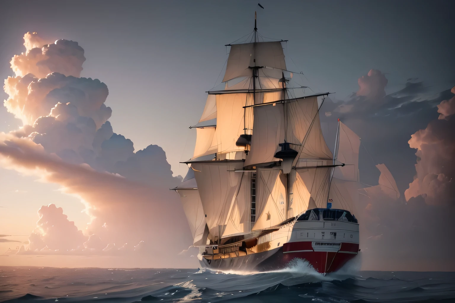 there is a large sail boat sailing in the ocean, ships with sails underneath, mickael lelièvre, sailing ship, sails and masts and rigging, by François Quesnel, ships with sails, 1792, ship, 1 7 9 5, viewed in profile from far away, sails, inspired by Jean-François de Troy