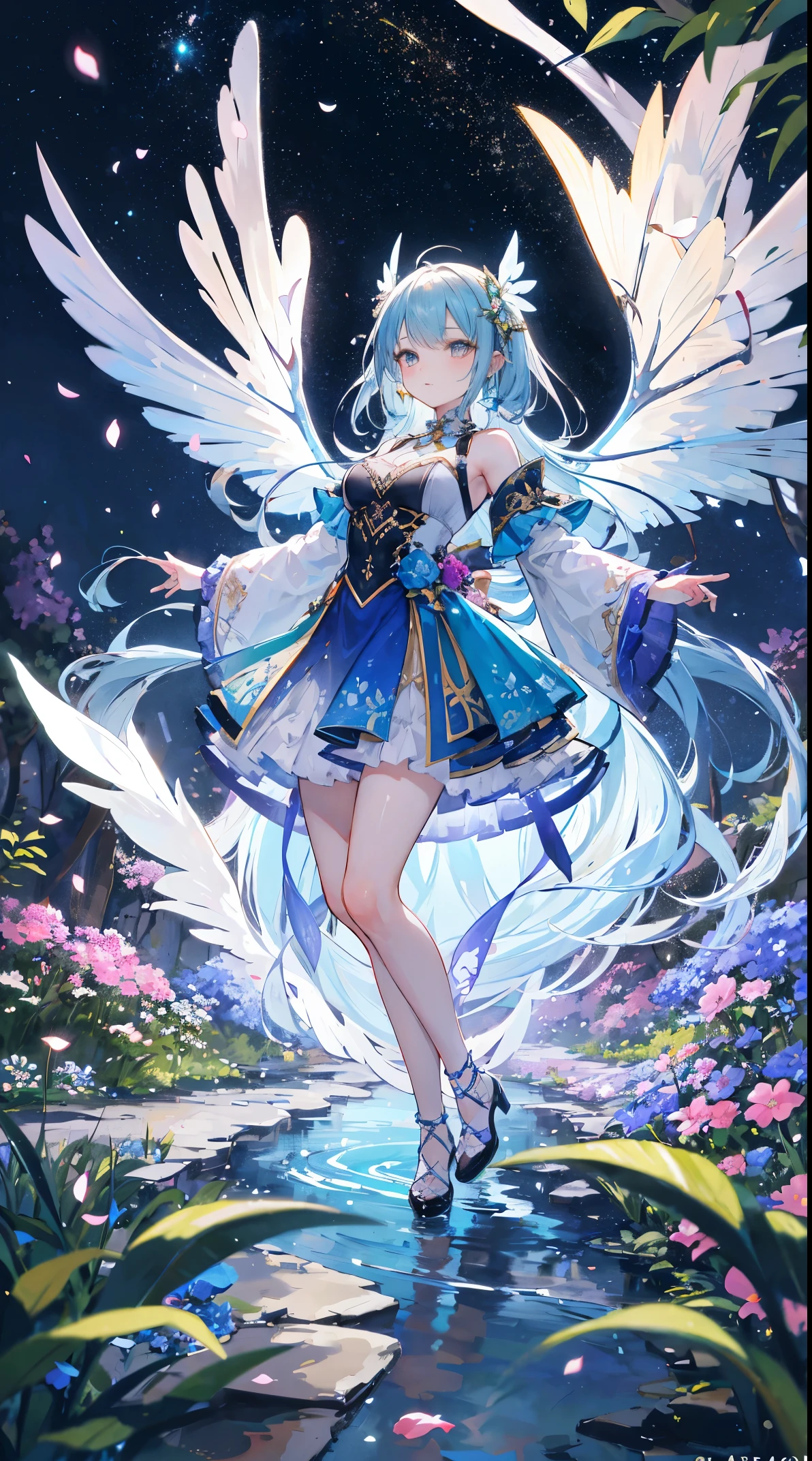 A woman in a blue dress with wings and a white dress - SeaArt AI