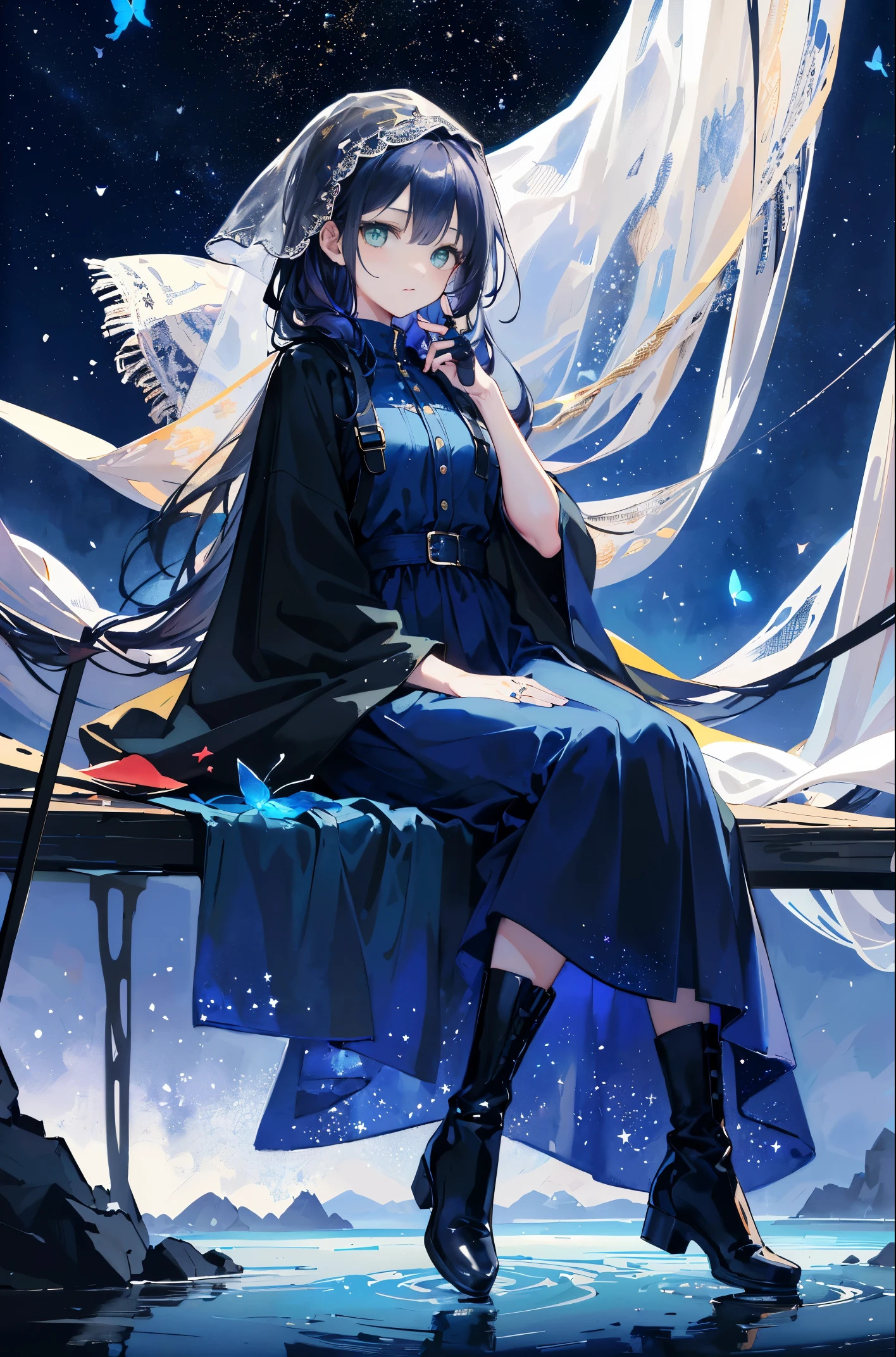 ((ultra-detailliert)),((illustration)),((masterpaintings)),(((need))),((Beautiful, meticulous and highly detailed CG Unity 8k wallpaper,optimal quality,masterpaintings),((In 4K,masterpaintings,optimal quality)),A woman who feels like a sister but is a little mature,long dark blue hair,long hair and waist,Loose hair,shawls,Emerald green eyes,(solo person),night sky full of stars,The left hand is slightly raised,There is a ring on the ring finger of the left hand,Dark Blue Oversized Swing Princess Maxi Dress,Wearing a large navy blue trench coat,Stars are hidden under the skirt,cloaks,Dark blue butterflies flutter around you,Theater background,Curtain of Stars,Wears a dark blue veil with a star,suspenders,On his right hand, he wears a gradient blue star glove,(Full body diagram),small eyes beautiful face:1.2),(wispy hair:1.2),((Gorgeous starry sky background)),Sitting with the stars,A river of stars soared at your feet,Stepping on a black hole,Dark blue boots
