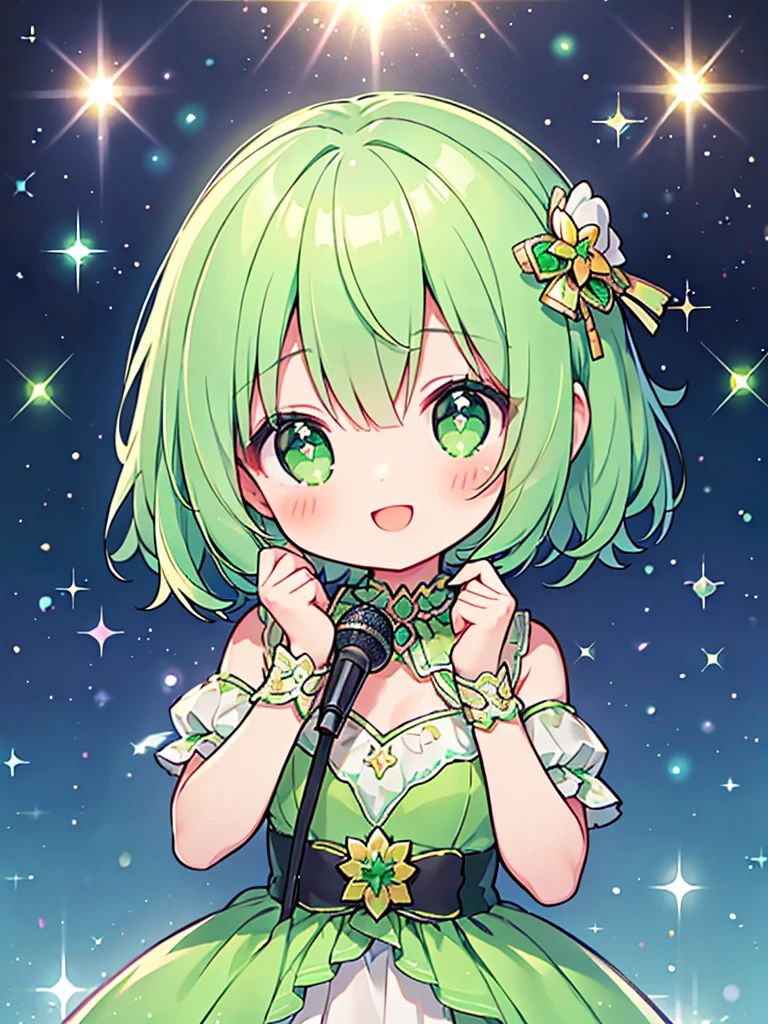 masterpiece, top-quality, 1girl in, short hair, , light green hair、eyes are emerald green、idol type、cute lime green dress、ハート型のSparklingした目、a smile that charms you、hold the microphone with both hands、spotlight、Sparkling.