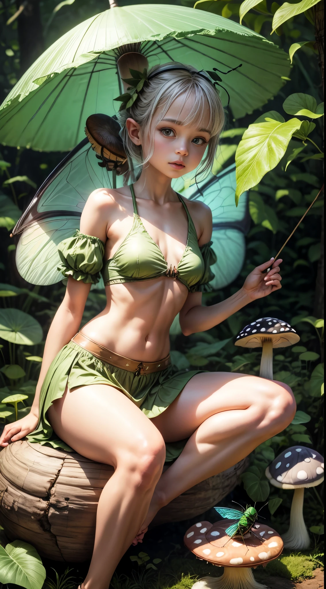 Tiny fairy with ((Insect wings)) that looks Verry Cute, sitting on Mushroom ,green under clothes, bare midriff, Holding Big Leave as Umbrella