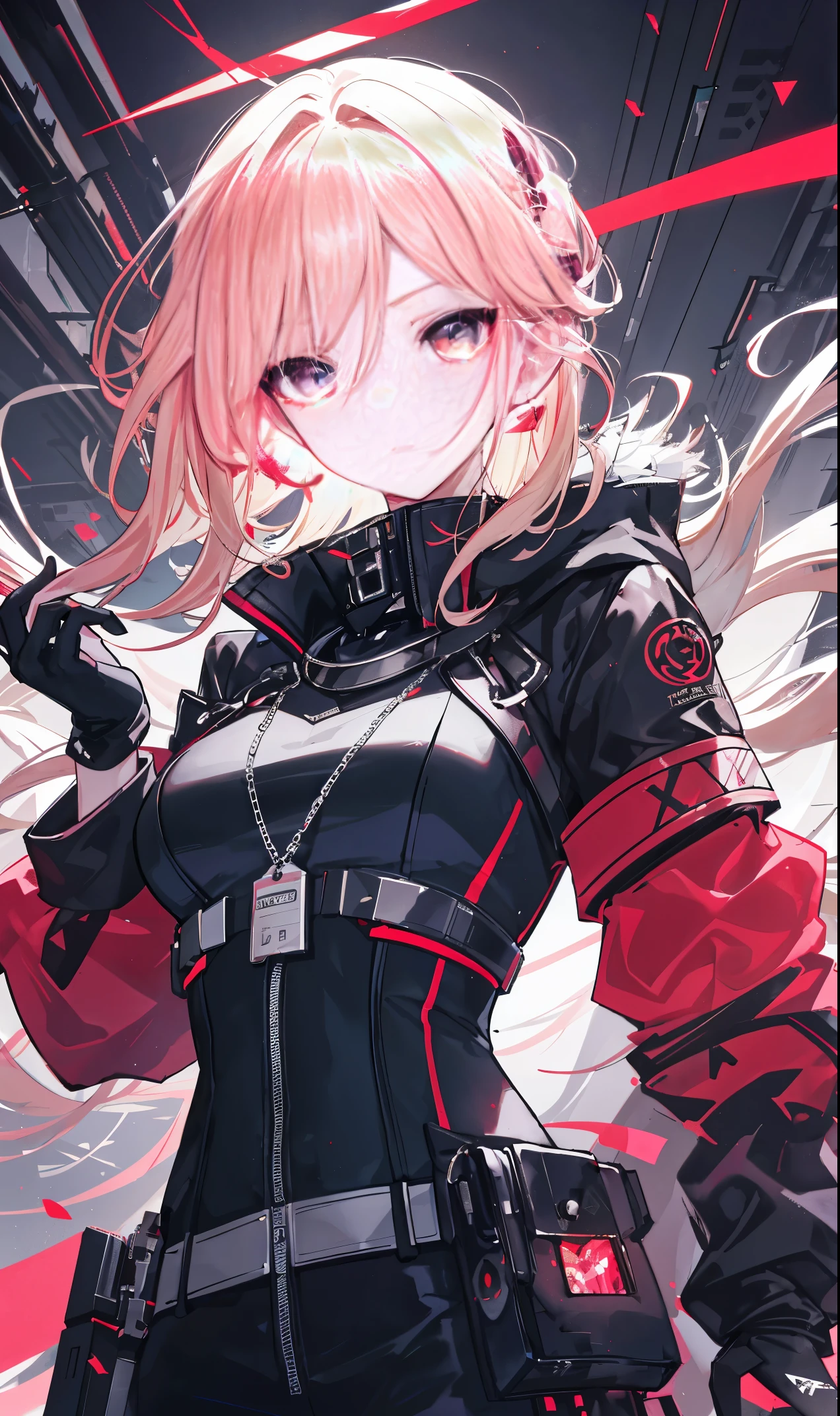 （T Masterpiece，side slits，Beautiful eyes：1.2），（T Masterpiece*sportrait），sportrait，busts），Lifelike，anatomical correct，3D脸，luscious skin，（solo），Dyeing blonde hair and pickaxe，Gradient Hair，（close up of face），lovely face，（Scarlet Eyes Like Fire Opal），Hanging eye corners，（（highdetailskin，visible pores）），（Perfect body），Beautiful cyberpunk girl，Little Breast，（（）），（（Storm Jacket）），（Ear studs），（Lanyard），very short gloves，（chain），A knife hanging from his chest，（Laser material clothing：1.2）