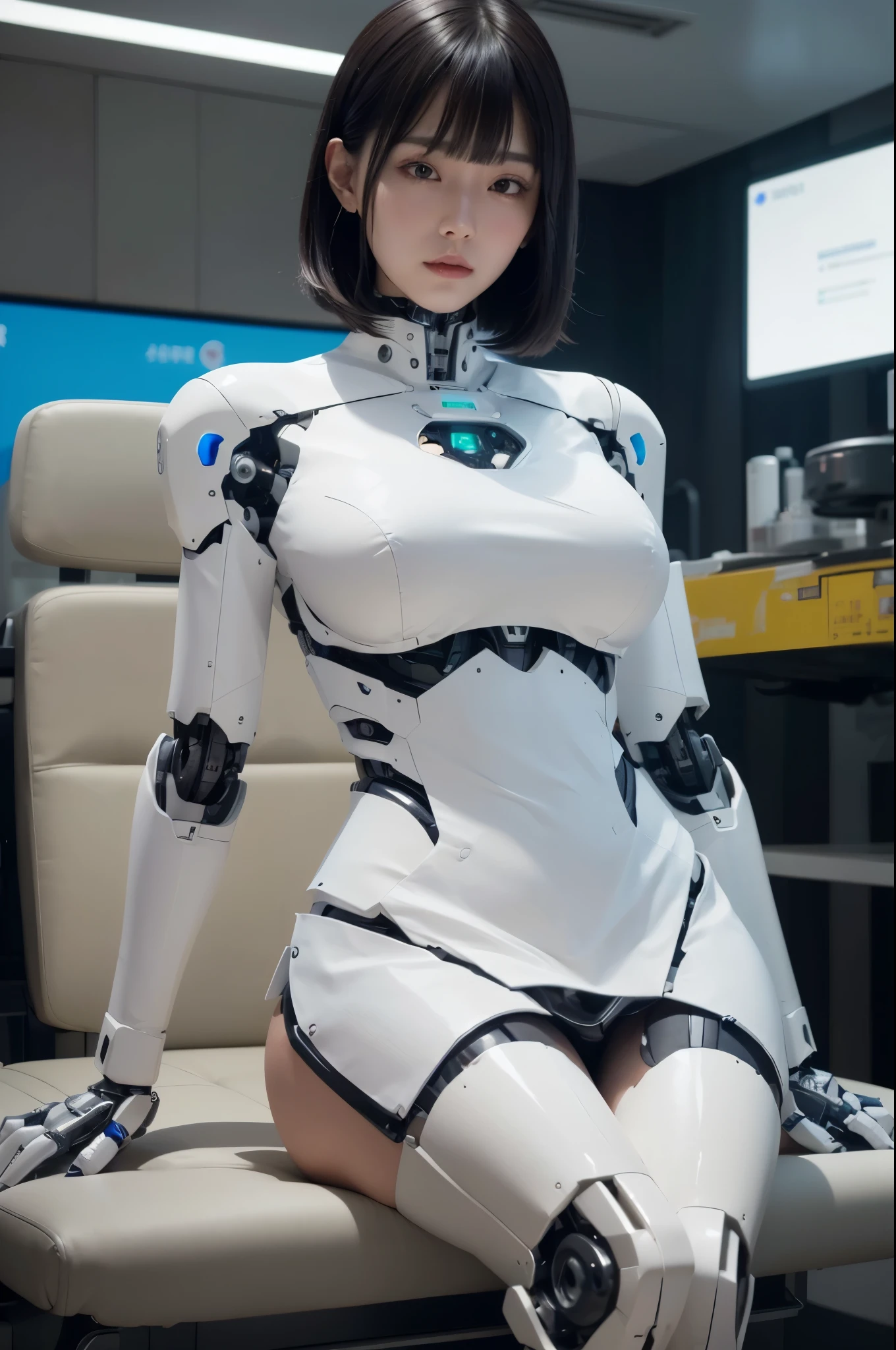 masterpiece, best quality, extremely detailed, (8K, 4K, Best Quality, hight resolution, 超A high resolution:1.1), (masutepiece, Realistic, Photorealsitic:1.1),8k portrait, Japaese android Girl,Plump , announcer,control panels,android,Droid,Mechanical Hand, Robot arms and legs, Black Robot Parts,Black hair,Mechanical body,Blunt bangs,perfect mechanical abdomen,White robotics parts,perfect robot woman,future laboratory,cyber pank,charging spot,laboratory,long tube,thick cable connected her neck,ceramic body ,perfect mechanical body, white robot body,lod antenna,mechanical ear cover,android,robot humanoid,black sponge joints,The removable cover is in the groin,The connection port is in the groin,opened chest panel,access panel on the chest,opened breast panel,perfect mechanical breast,white machine body,white robot body,white ceramic breast,perfect plastic breast,She has repaired,assembly plant,miniskirt,black boots