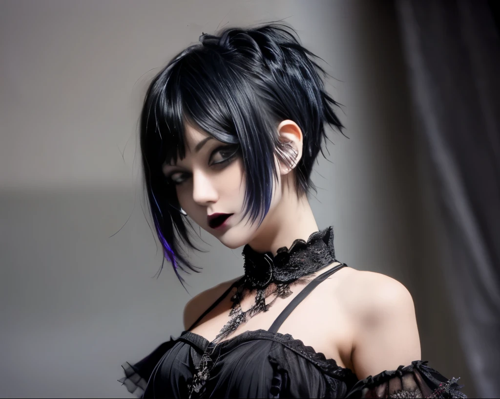 1girl, solo, emo, emo makeup , emo hair, black lips, eyeshadow, eyeliner, mascara, colored hair , black eyes, dark eyes , shirt, outdoors, collar, highly detailed portrait, breasts, full body, short hair, skinny, tight clothes, perfect face, long sleeves, bedhead