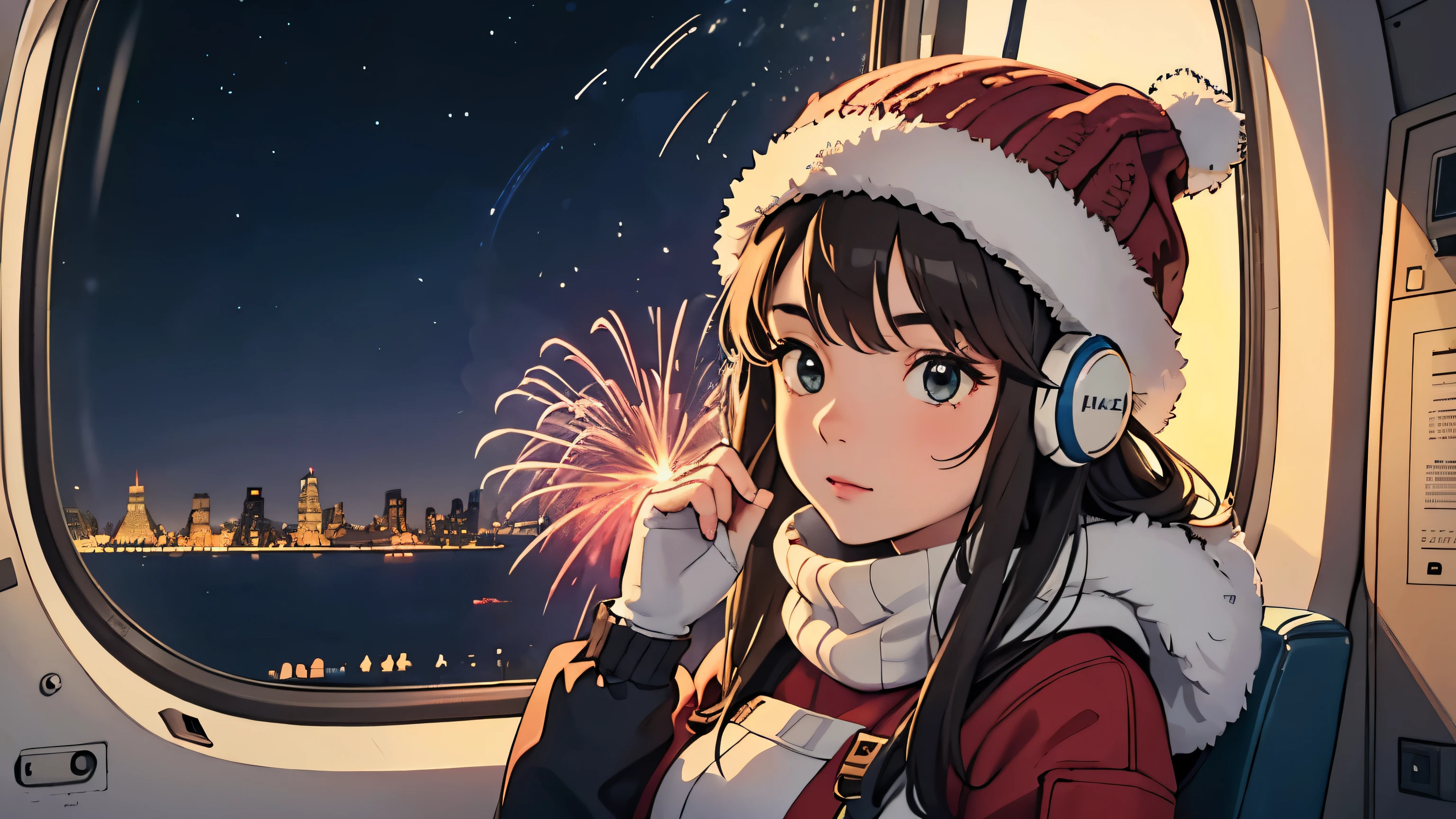Lofi relaxes a brunette girl flying in a helicopter cabin wearing headphones, Watching in wonder through the window, Head against the window. winter night. Beautiful scenery of New York with the Statue of Liberty (fire works) in the night sky.. trip. tourists. sweater, mitts, There is warmth. long white hair. new year'eve
