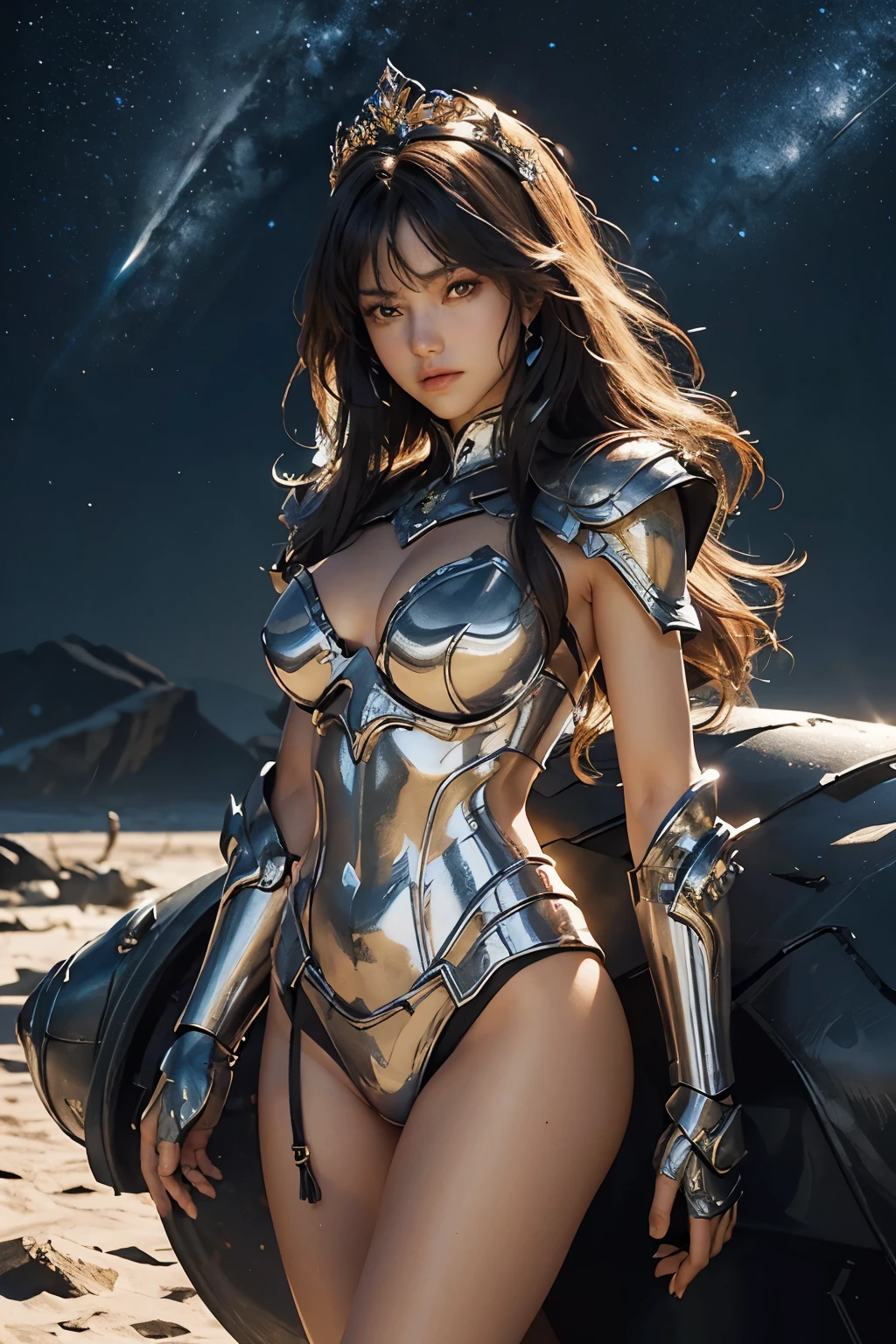 fully body photo，（best qualtiy）， （1girll）， starryskybackground, crown, Wearing shiny gold armor， Sexy lingerie type armor，Expose your chest，Expose the waistline，Exposing thighs，cool-pose， Saint Seiya Armor， messy hair，high detal, Cinematic lighting, Sparkle, god light, Ray traching, filmgrain, hyper HD, textureskin, super detailing, Anatomical correct, A high resolution，Ultra-high saturation，hight contrast，High-gloss armor，，Serious expressions
