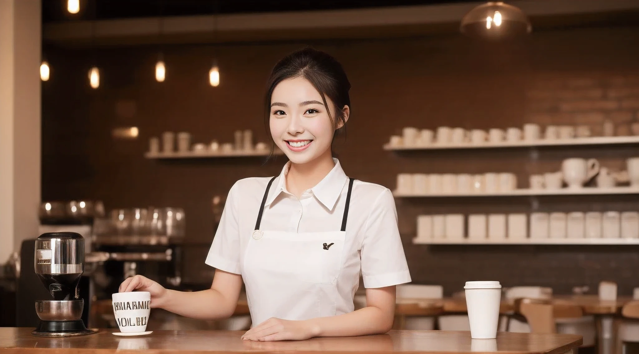 (waiter clothing 1.5）、high qulity、surreal、healthy、ssmile、Slim and perfect figure、Japanese beauties have perfect and eye-catching skin、（In the background is a stylish cafe：1.2），There are coffee cups