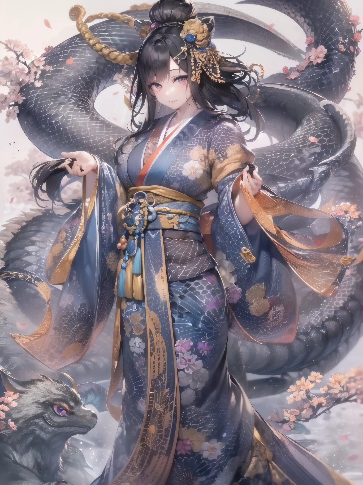 ((Finest quality)),(超A high resolution),(ultra-detailliert),(Meticulous portrayal),((Best CG)),(Finest works of art),Ultra-Precision Art,The art of astounding depiction,(Art with precise depiction in every detail:1.5), (1人の女性:1.5),A dark-haired, (Yamata no Orochi:1.8)
