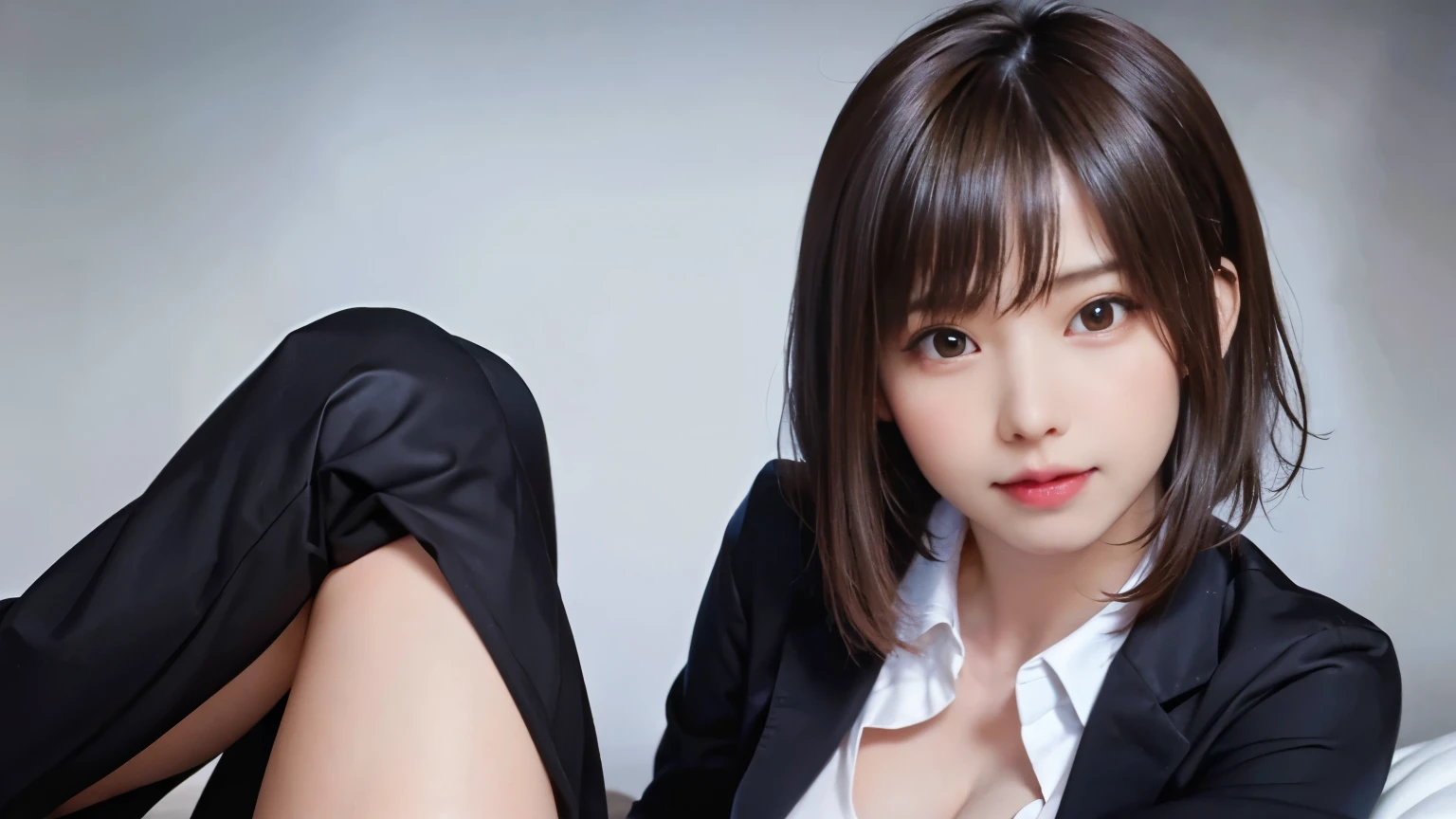 nsfw, 1girl, (solo), masterpiece, best quality, 8K, hight resolution, extremely detailed girl, extremely detailed beautiful face, Beautiful skin, shiny skin, beautiful eyes, perfect anatomy, face focus, full body, (smile), looking at viewer, japanese, brown hair, black hair, (business suit:1.3), (open suit), (white collared shirt:1.1), open shirt, (cleavage), medium breasts, half undress, side view, sitting, hugging own legs, sitting on the floor, Sharp Focus, face lights, Simple background, single color background