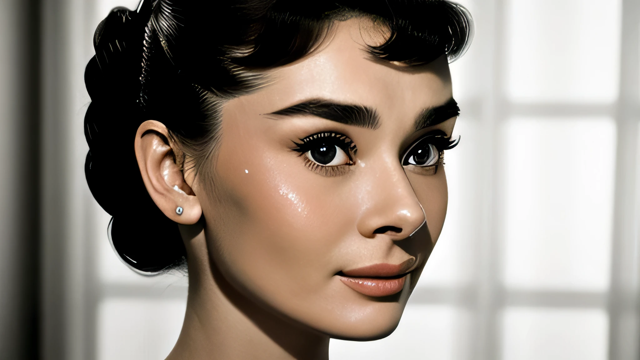 ((black and white filter)), AudreyHepburn, focus on eyes, close up on face, short black hair styled cascading curls bun, portrait photo of a beautiful young actress: (AudreyHepburn is in the black and white Roman Holiday movie film (1953)), hotel room, Award - winning photograph, Masterpiece, 8k, ultra high res, hyper detailed, perfect flawless face, rule of thirds, Realistic Perfect eyes and pupils, Perfect full lips, upturned nose, highly detailed shining hair, ((detailed facial featureinely detailed skin), tanned skin, (skin pores:0,2), realistic skin texture, intricate details, photorealism, hyperrealism, ultra realistic, lifelike textures, neutral colors, cinematic lighting, dramatic lighting, backlight on hair, sharp focus, wide angle, film grain, dslr, raw photo,