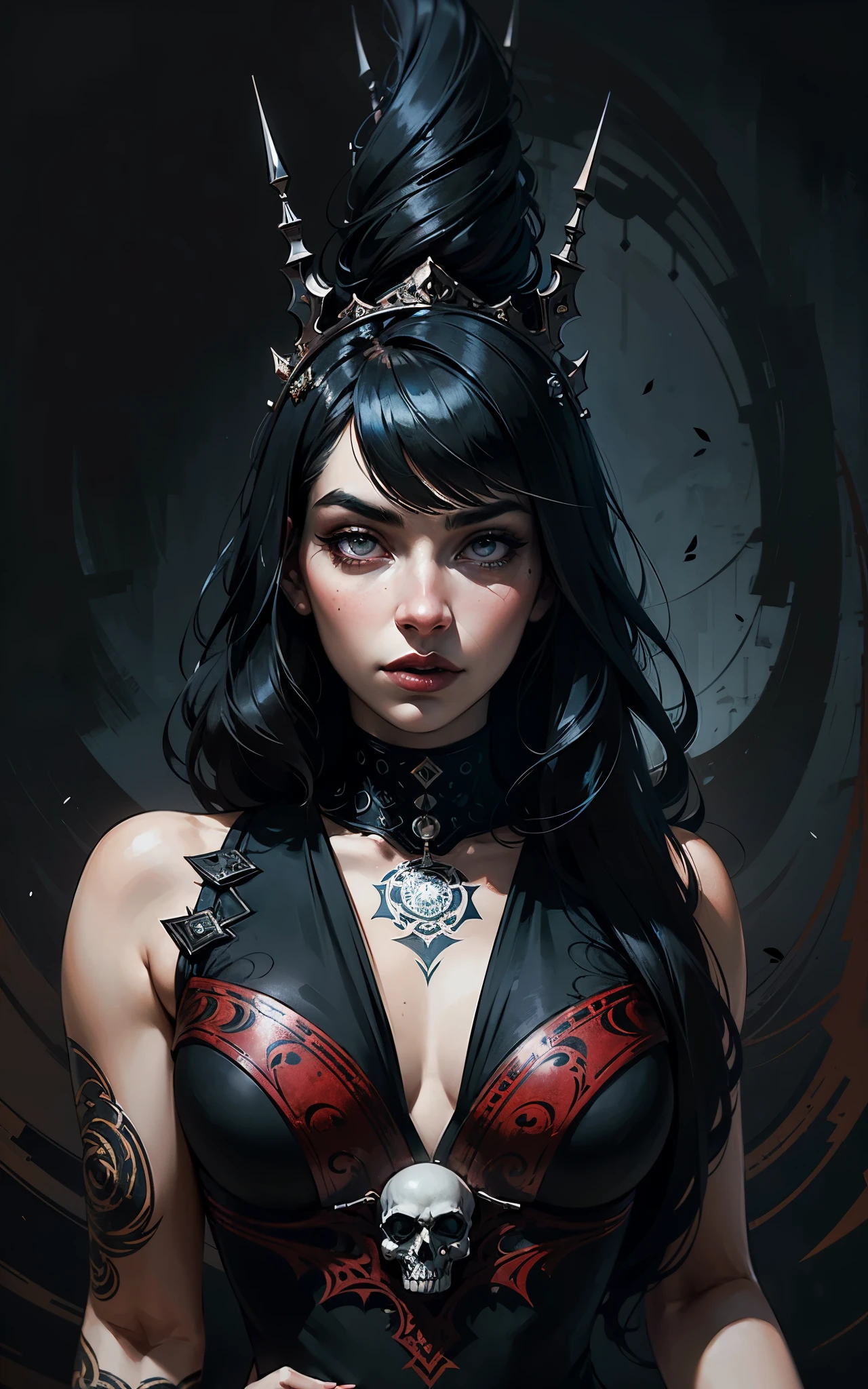 (Dua Lipa) is a beautiful charming vampire queen sitting on a throne, carved out of dark smoke, pale skin,dark fantasy background, black, circular colored smoke, waves of shadows at night, abstract skull ornaments, messy hair, soft colors, flat 4d street art in the style of adrian ghenie, esao andrews, jenny saville , edward hopper, surrealism, james jean dark, takato yamamoto, inkpunk minimalism, , detailed eyes with circular iris, seamless geometric pattern harmony, luminogram, iron gall ink, art by Russ Mills, Sakimichan,, by GIlSam -paio octane rendering depicting innovation and truth, 8k, by Lee Jeffries, depth - Gs studio