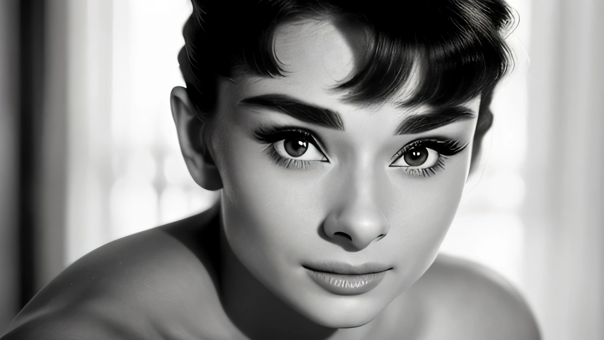 ((black and white filter)), AudreyHepburn, focus on eyes, close up on face, short black hair styled cascading curls bun, portrait photo of a beautiful young actress: (AudreyHepburn is in the black and white Roman Holiday movie film (1953)), hotel room, Award - winning photograph, Masterpiece, 8k, ultra high res, hyper detailed, perfect flawless face, rule of thirds, Realistic Perfect eyes and pupils, Perfect full lips, upturned nose, highly detailed shining hair, ((detailed facial featureinely detailed skin), tanned skin, (skin pores:0,2), realistic skin texture, intricate details, photorealism, hyperrealism, ultra realistic, lifelike textures, neutral colors, cinematic lighting, dramatic lighting, backlight on hair, sharp focus, wide angle, film grain, dslr, raw photo,