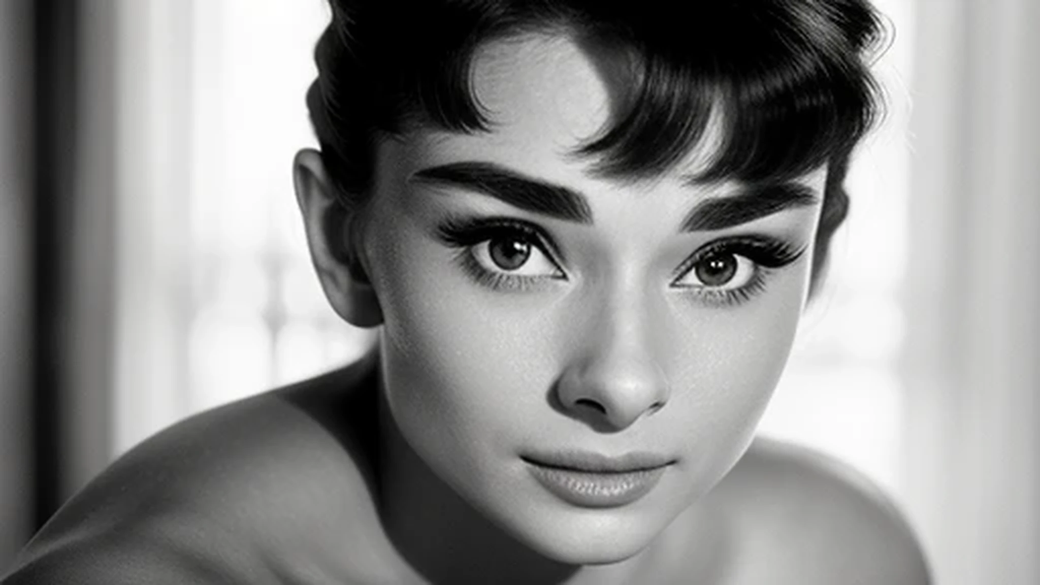((black and white filter)), AudreyHepburn, focus on eyes, close up on face, short black hair styled cascading curls bun, portrait photo of a beautiful young actress: (AudreyHepburn is in the black and white Roman Holiday movie film (1953)), hotel room, Award - winning photograph, Masterpiece, 8k, ultra high res, hyper detailed, perfect flawless face, rule of thirds, Realistic Perfect eyes and pupils, Perfect full lips, upturned nose, highly detailed shining hair, ((detailed facial featureinely detailed skin), tanned skin, (skin pores:0,2), realistic skin texture, intricate details, photorealism, hyperrealism, ultra realistic, lifelike textures, neutral colors, cinematic lighting, dramatic lighting, backlight on hair, sharp focus, wide angle, film grain, dslr, raw photo,