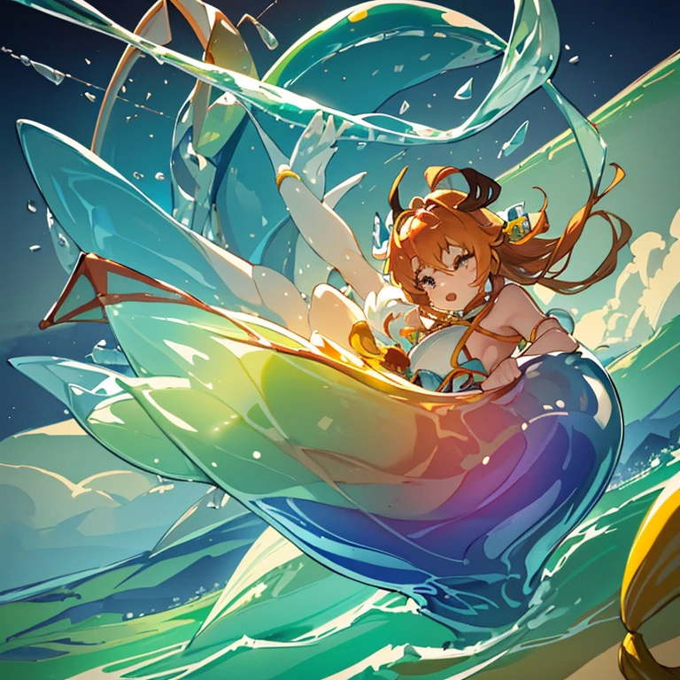 Colored cellophane girl surrounded by shark fin jelly、Amazing dynamism、Amazing Angle、Unstable buoyancy sandstorm、((((A lot of friendly large prism lenses floating and chasing each other))))、((surround each other'big shingen mochi))、(((Sticky star-shaped large colored cellophane)))、